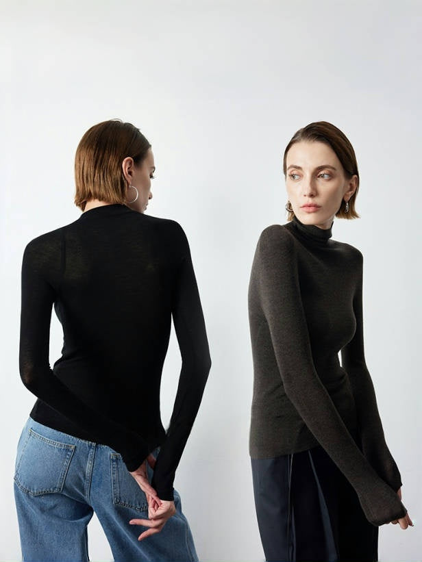 Slim-Fit Seamless Merino Wool Knit | Semi-High Neck Base Layer for Women | Autumn Winter Essential