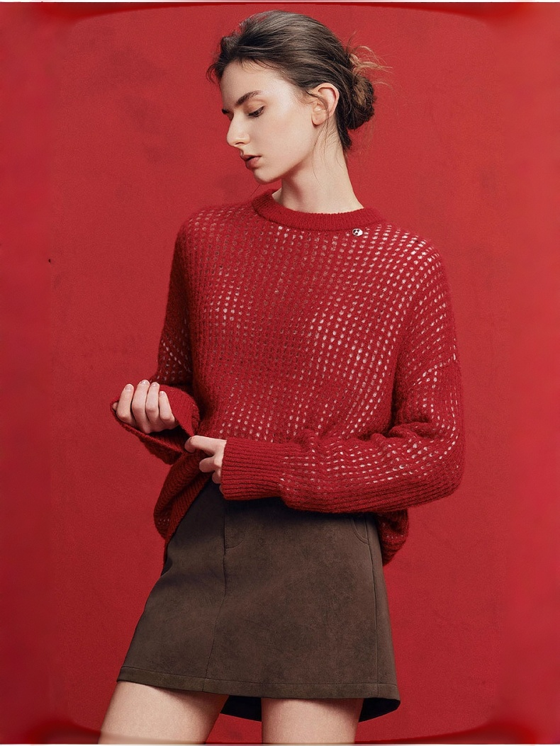 Red Christmas Merino Wool Hollow-Out Knit Sweater for Women – New Soft, Relaxed & Cozy Loose Pullover