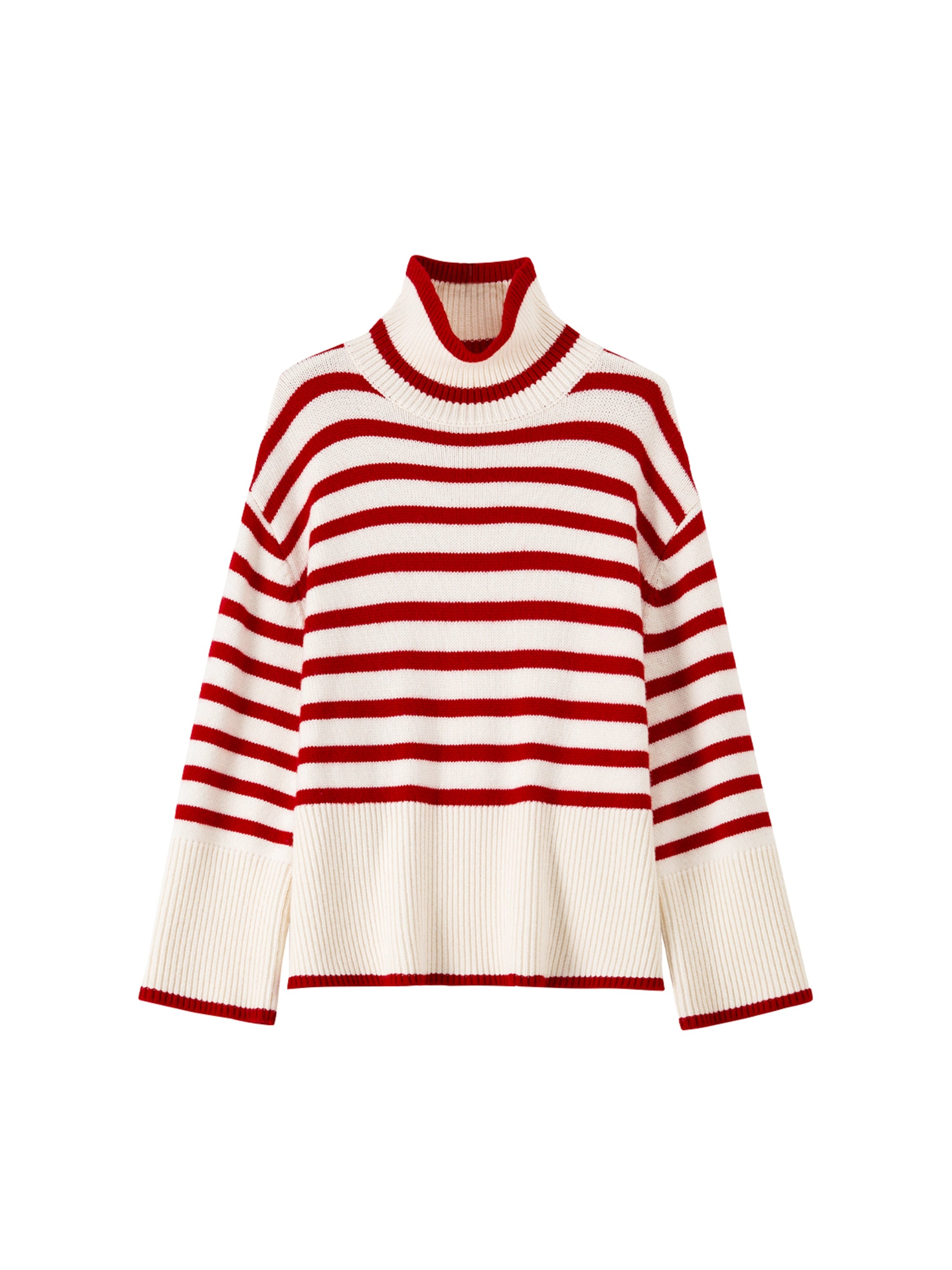 Rhythmic Stripe Wool Turtleneck Sweater – Nordic Relaxed Fit High-Neck Knit for Women