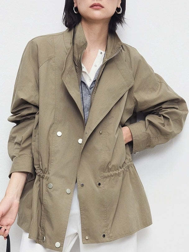 Autumn Retro High-Density Cotton Drawstring Dual-Collar Utility Jacket