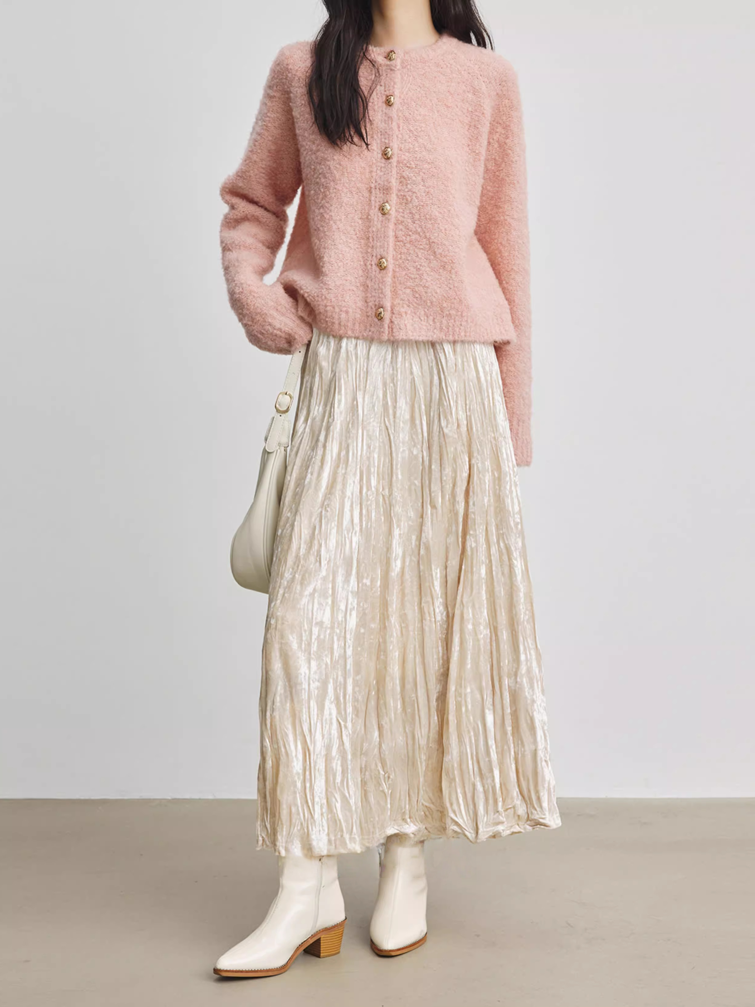 Champagne Velvet Pleated Skirt for Women — High-Waist Long A-Line Winter Skirt