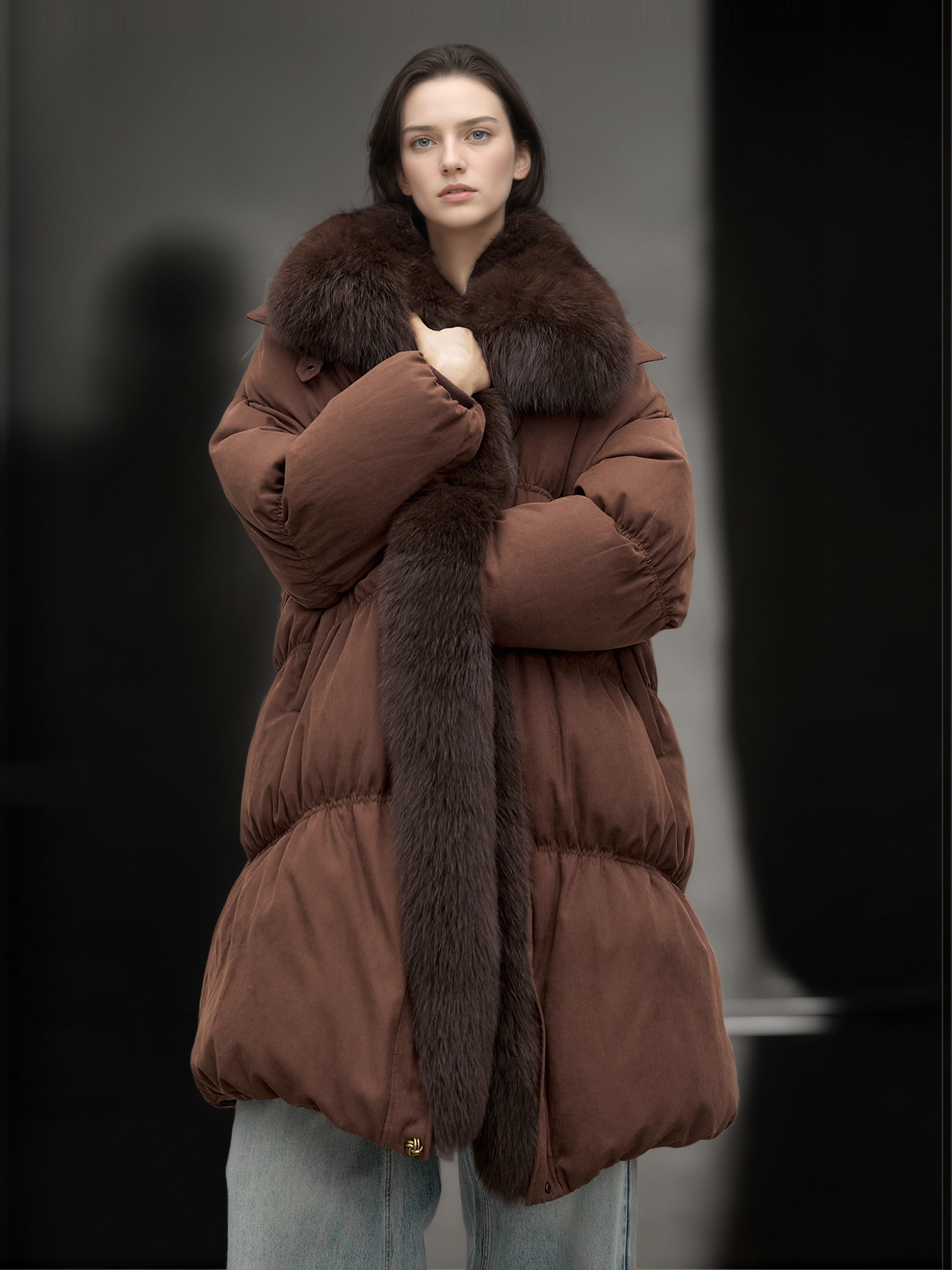 Women’s Mid-Length Down Coat with&nbsp; Fox Fur Hood | 90% White Goose Down Winter Jacket