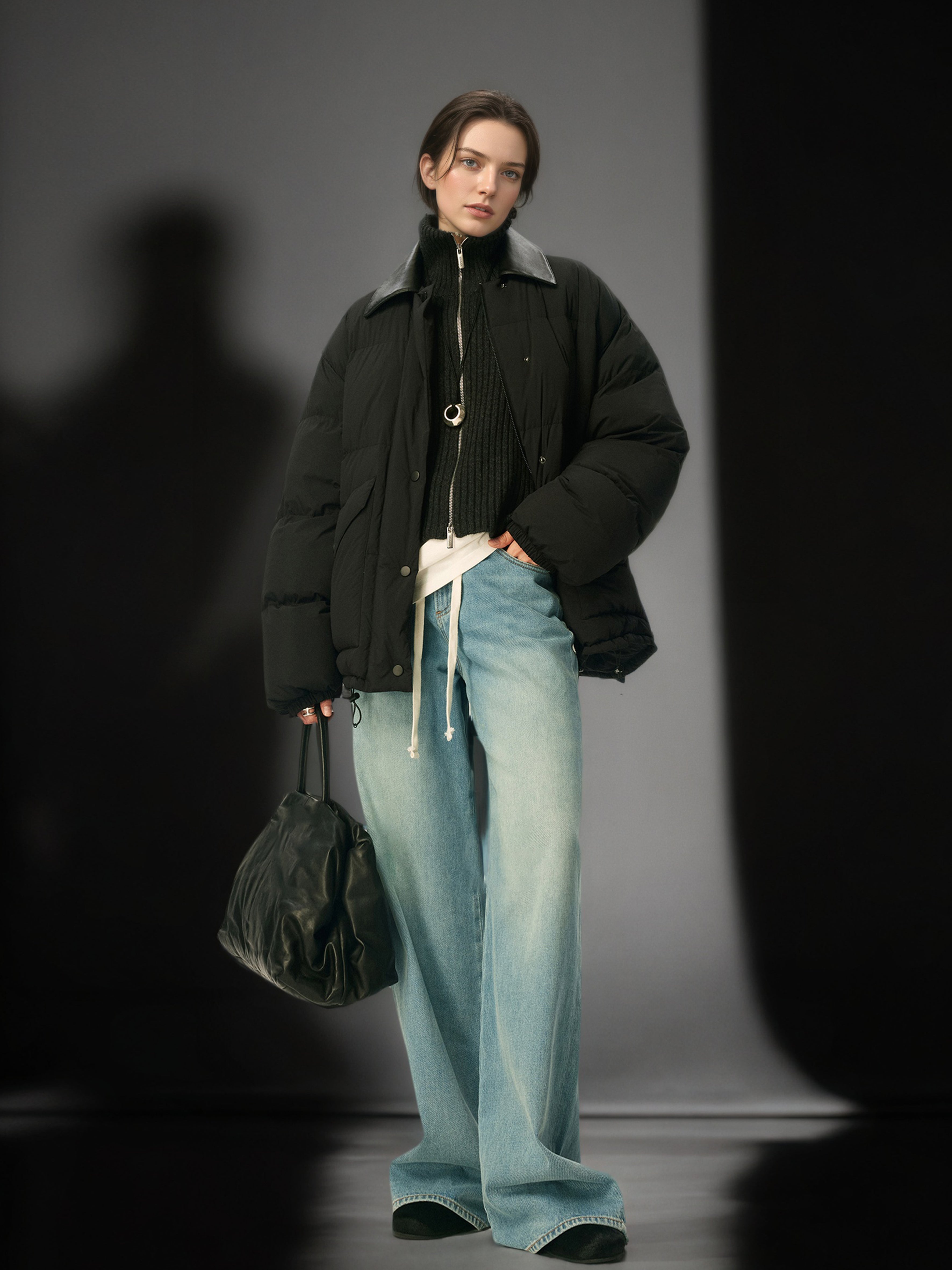 95% White Goose Down Lightweight Puffer Jacket for Women with Leather-Trim Collar and Relaxed MIU-Inspired Design