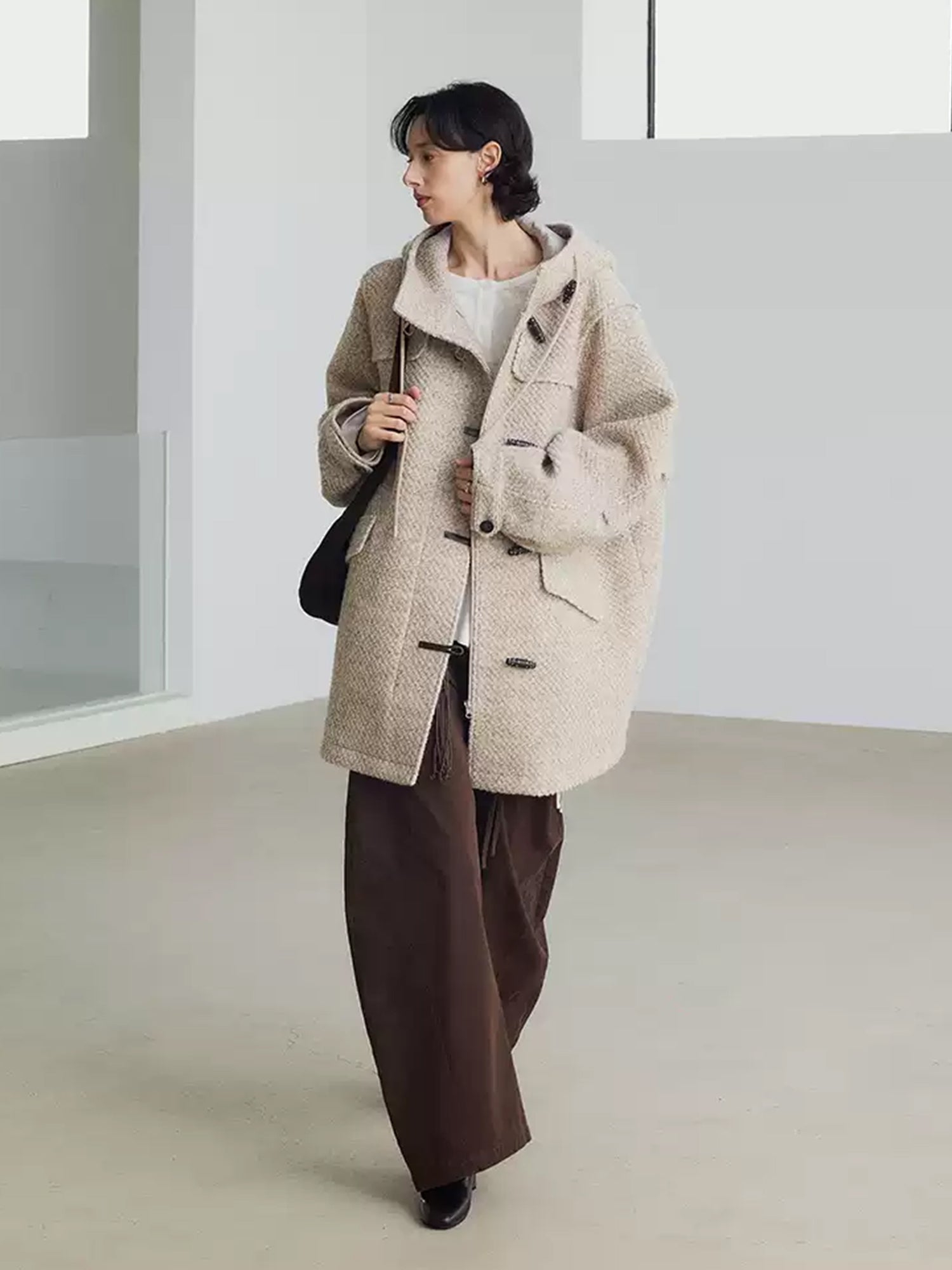 Wool-Blend Vintage Hooded Duffle Coat for Women – Loose Fit, Cozy Autumn-Winter Outerwear