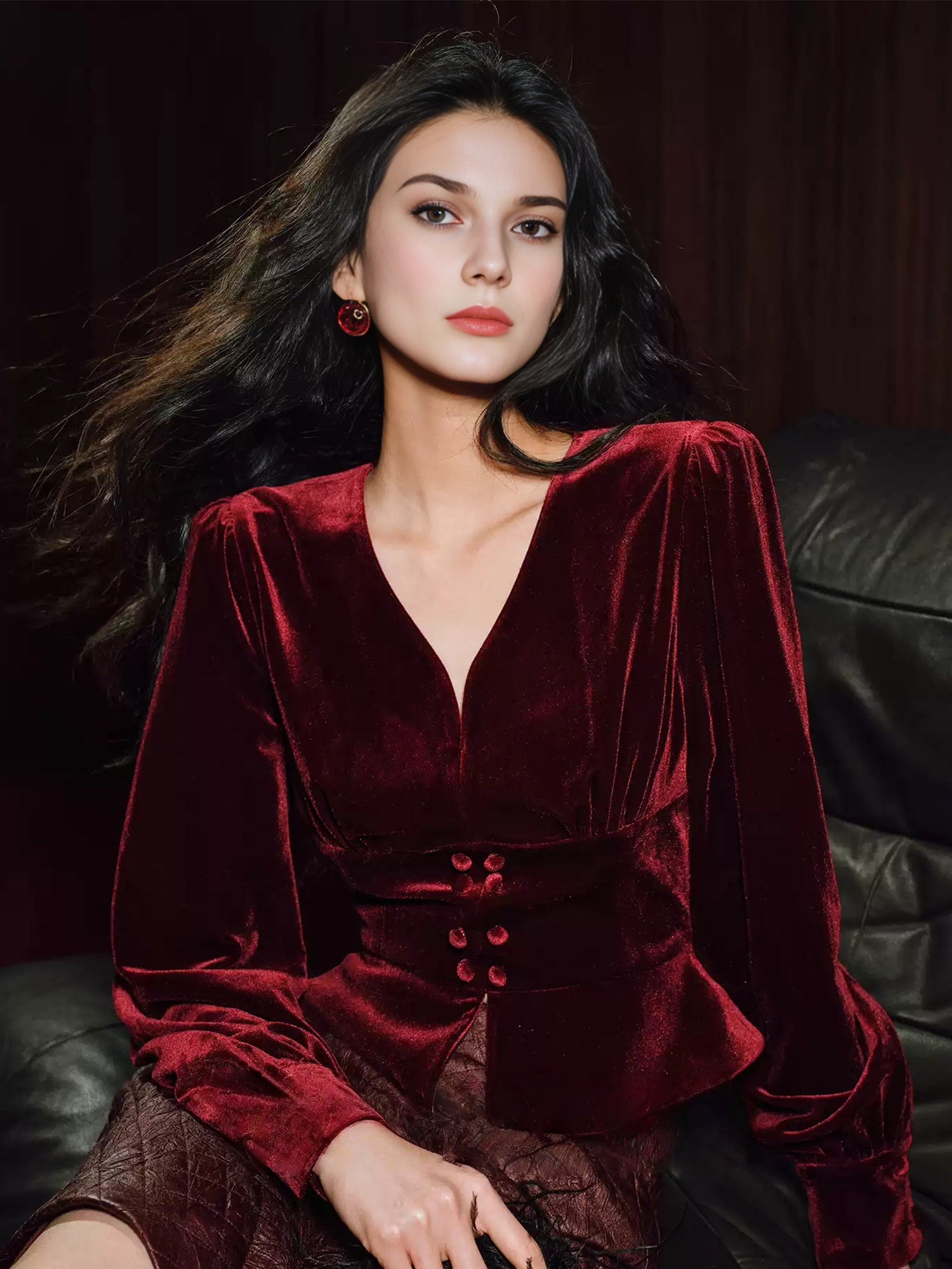 Shimmer Velvet Party Top for Women – Tailored Puff-Sleeve French V-Neck Ruched Short Blouse