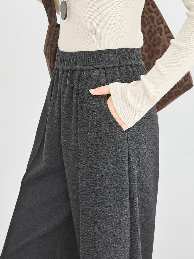 Women's High-Waist White Acetate-Wool Casual Pants – Extended Draped Floor-Length Loose Straight Trousers for Winter