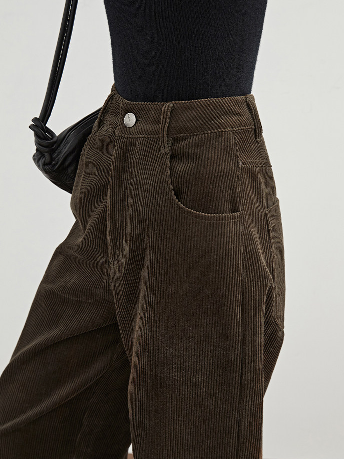 Women's Vintage Corduroy Long Pants – High-Waist Wide-Leg Straight Casual Trousers for Tall