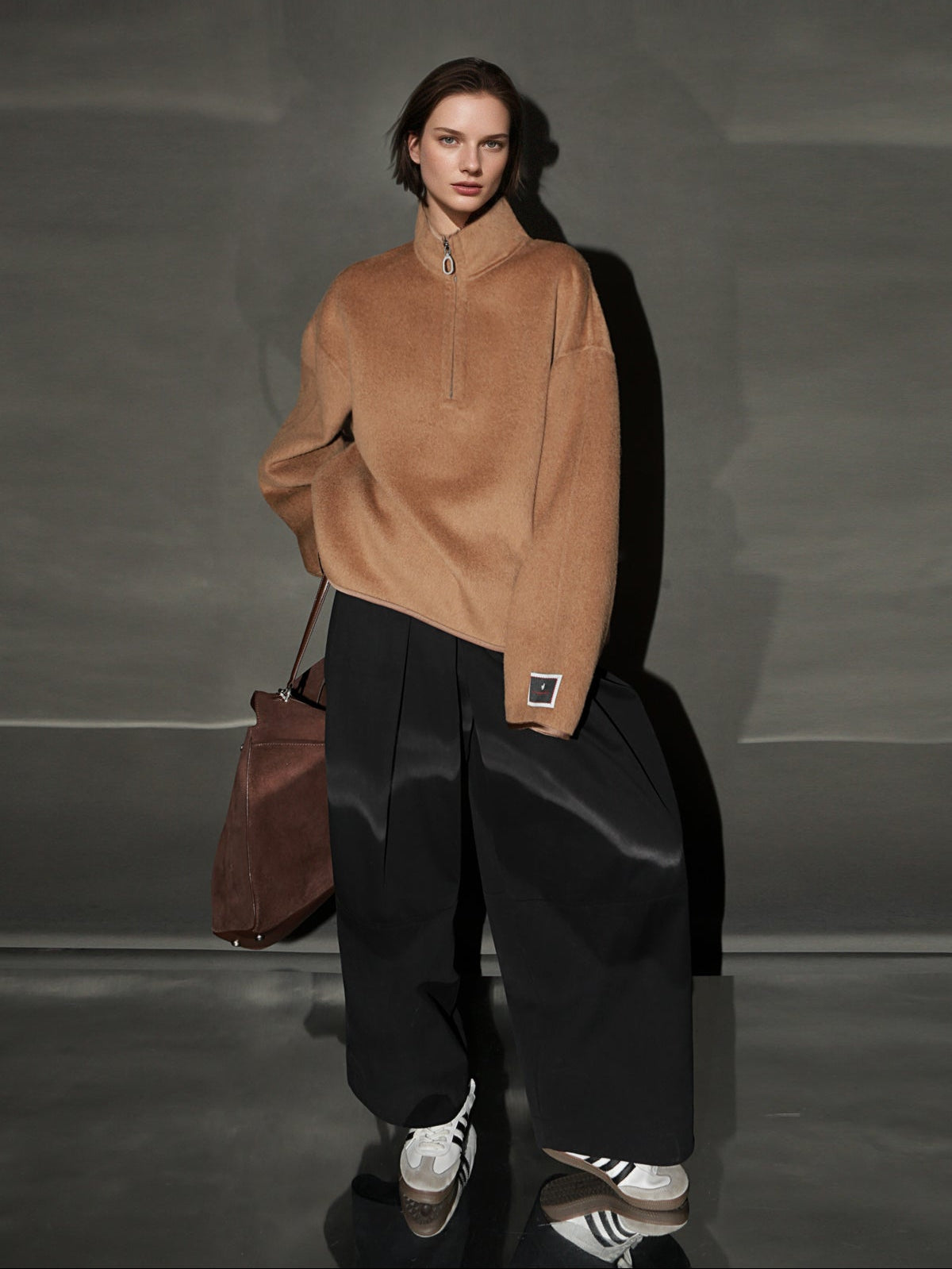 Oversized Camel Hair Sweatshirt Coat for Women – Stand Collar Double-Faced Wool Jacket with Minimalist Luxe Style