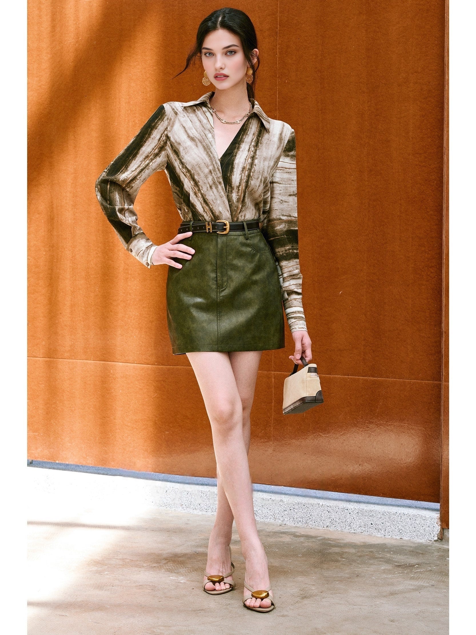 Easy-Care Matte Eco-Friendly Protein Leather Skirt – Marbled Light & Shadow H-Line, Short & Midi Lengths