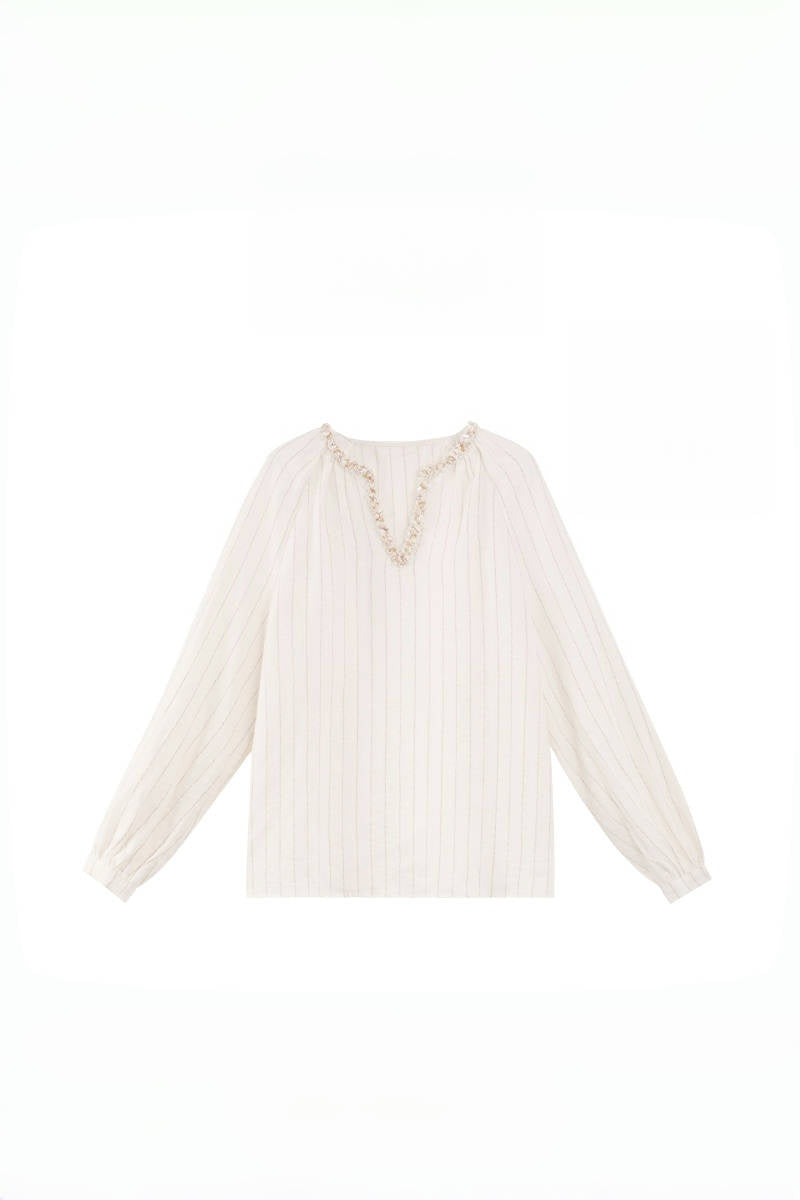 Luxury Linen Striped Shirt – Handcrafted Loose Fit Casual Shirt with Gold Glitter Collar for Women