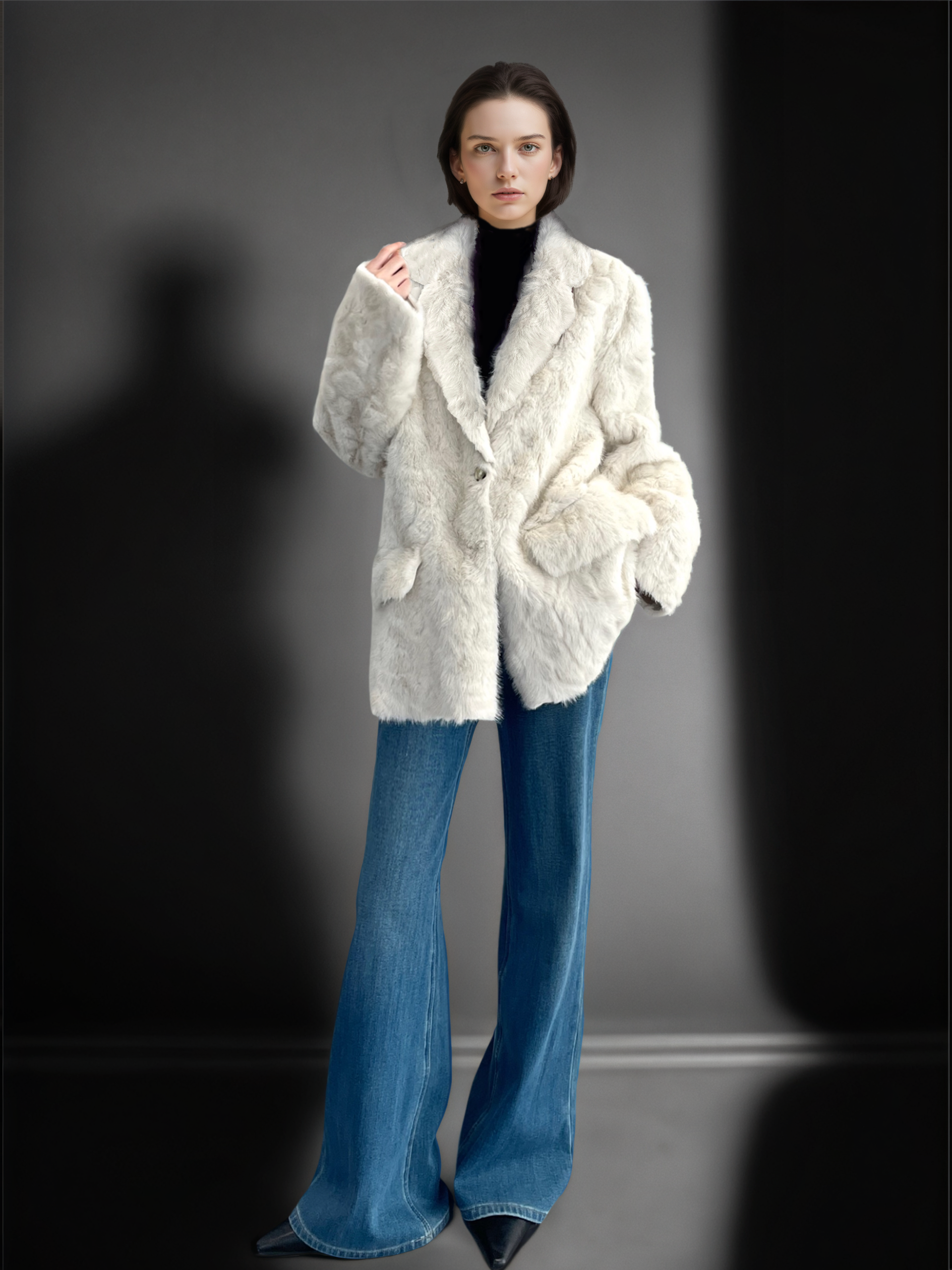 Women’s Faux Shearling Blazer Coat with V-Neck | Chic Bouclé Style Eco Fur Jacket for Winter