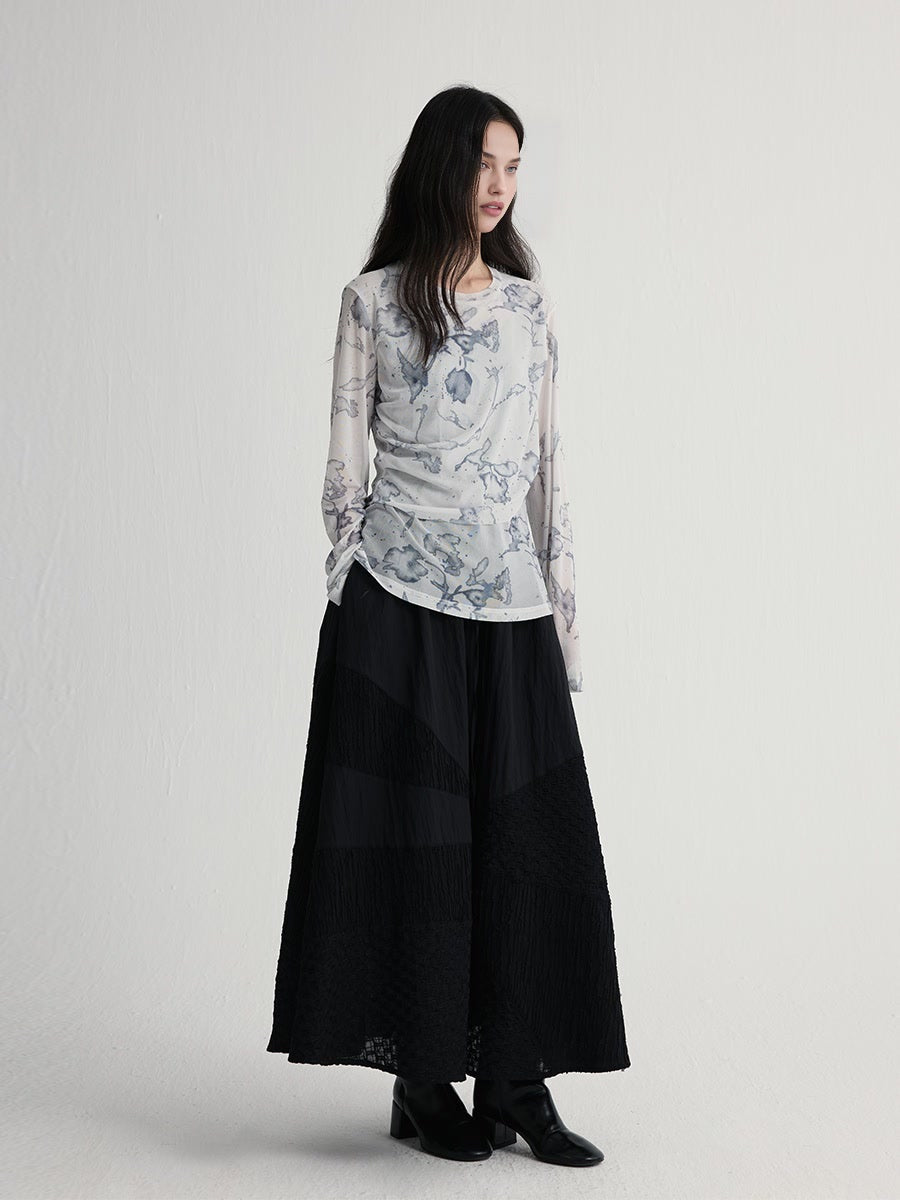 Textured Fabric Black Panel A-Line Skirt | Autumn A-Line Midi Skirt for Women
