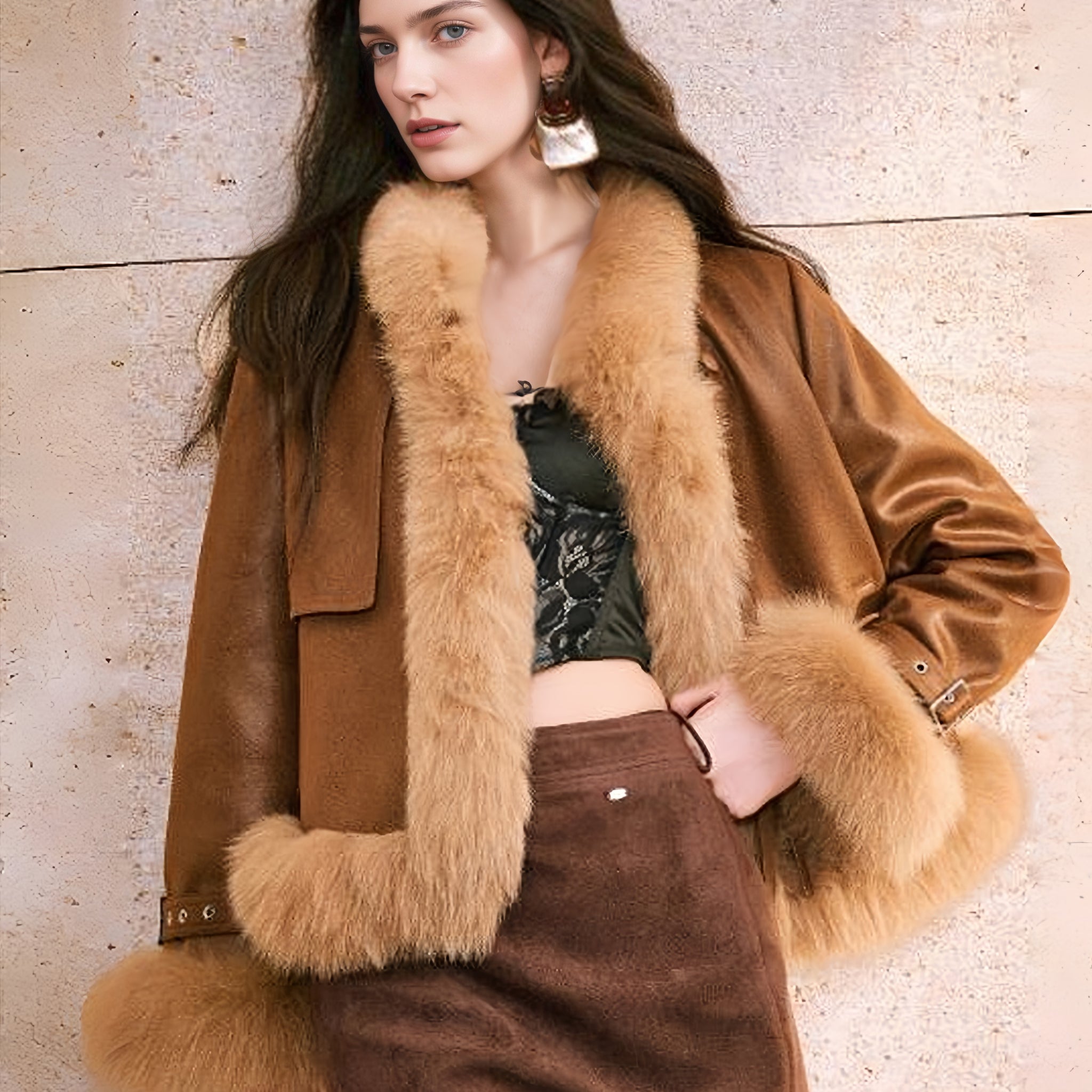 Lightweight Stretch Suede Jacket for Women – 90% White Goose Down with Natural Fox Fur Trim