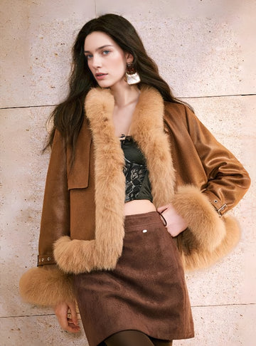 Lightweight Stretch Suede Jacket for Women – 90% White Goose Down with Natural Fox Fur Trim