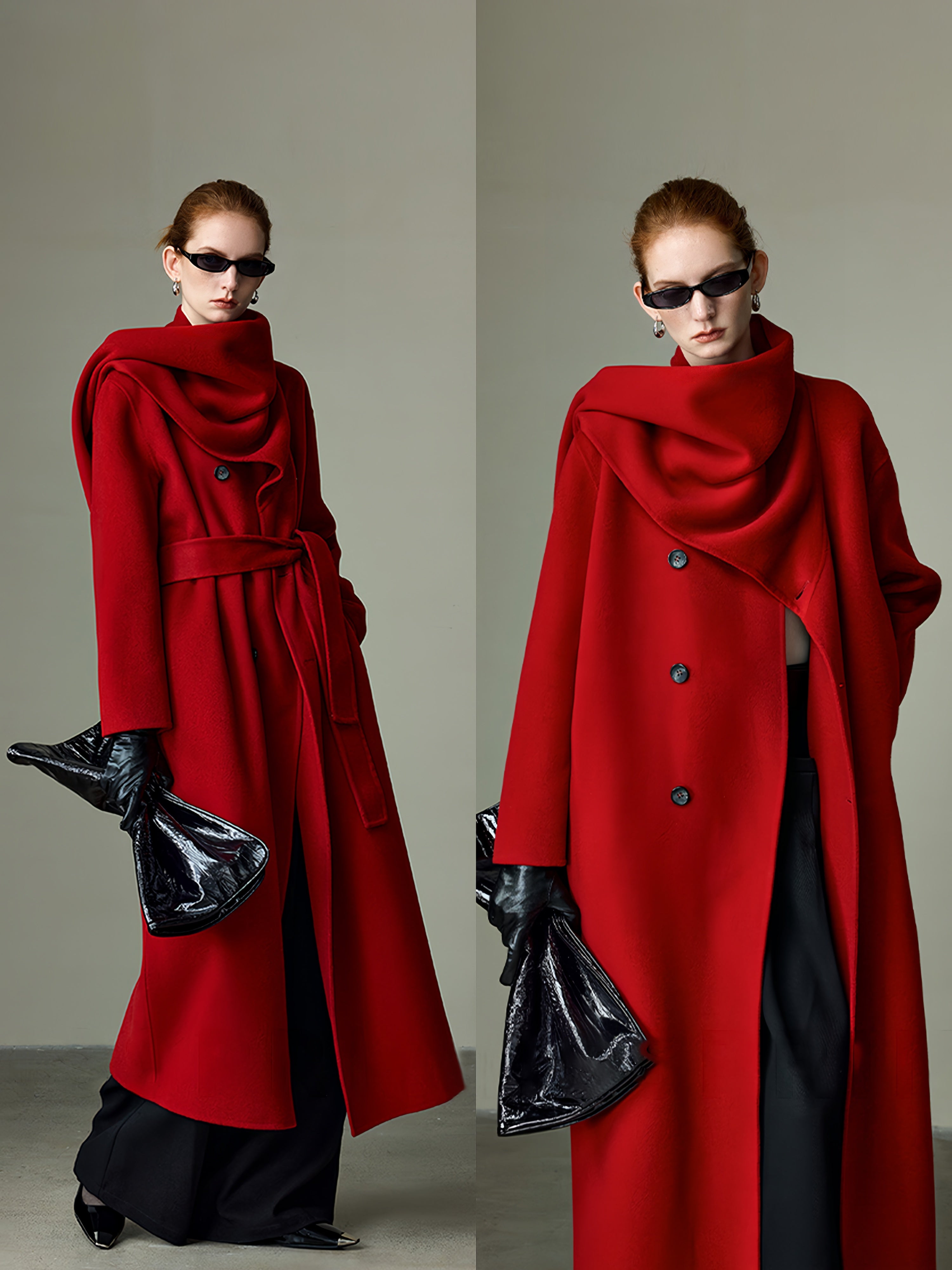 Cape-Style Christmas Red Double-Faced Wool Coat for Women – Elegant Long Scarf-Collar Woolen Overcoat
