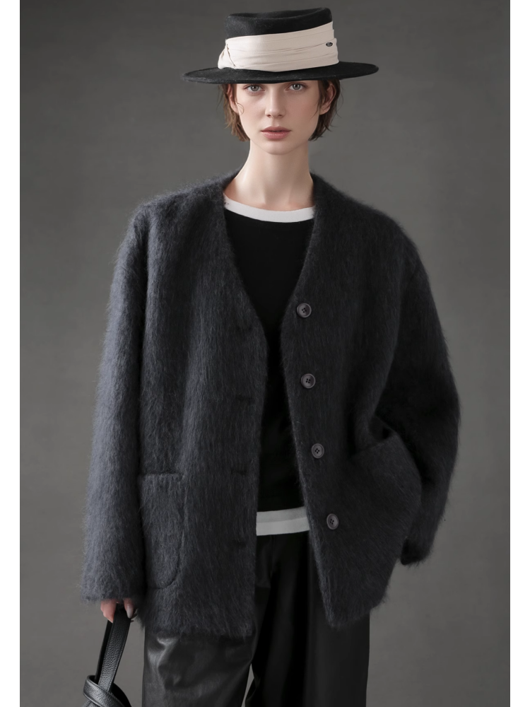 V-Neck Wool Coat for Women – Double-Faced Cashmere Blend Brushed Short Jacket, Elegant Autumn Winter Outerwear