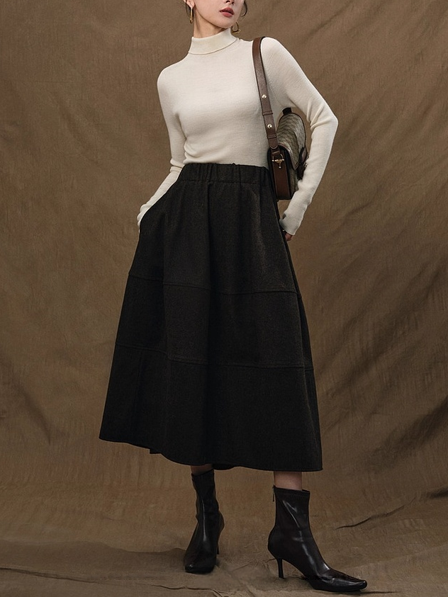 Hepburn-Style Heavy Wool Structured A-Line Midi Skirt for Women with Elastic Waist