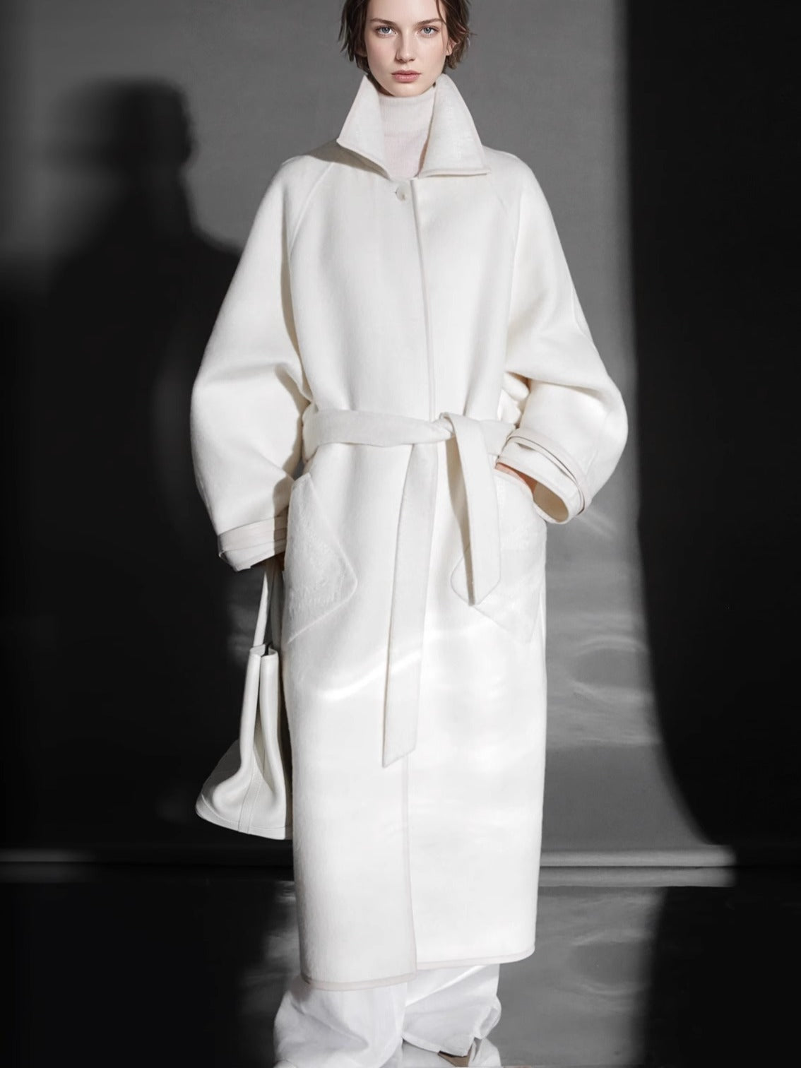 Chain Pattern Wool Coat for Women – Double-Faced Alpaca Wool Overcoat with Leather Trim, Chic Oversized Silhouette Winter Outerwear