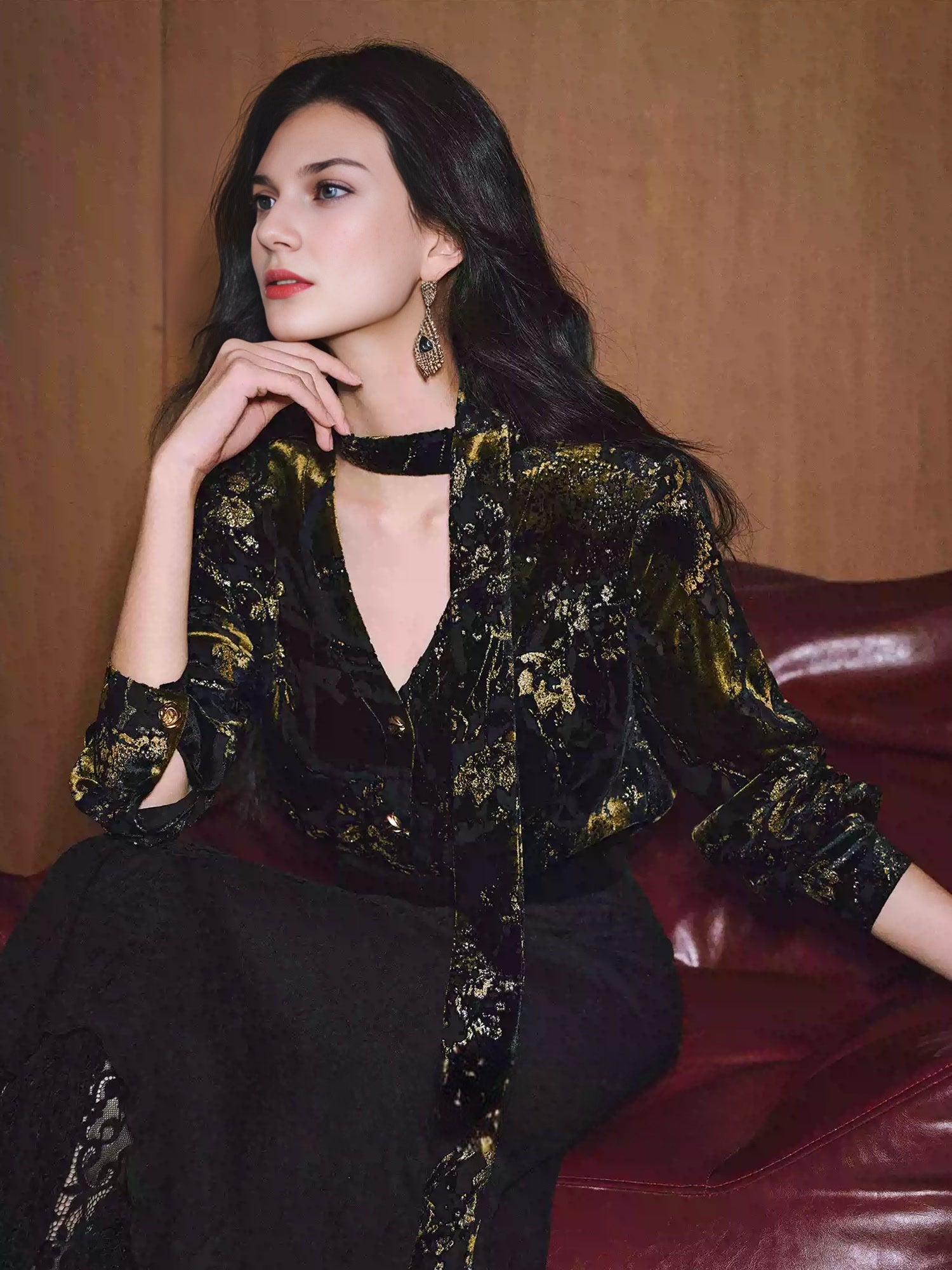 Party Gilded Velvet Burnout Blouse – High-Density Foil Velvet, Deep V-Neck Tie Detail, Relaxed Fit Shirt