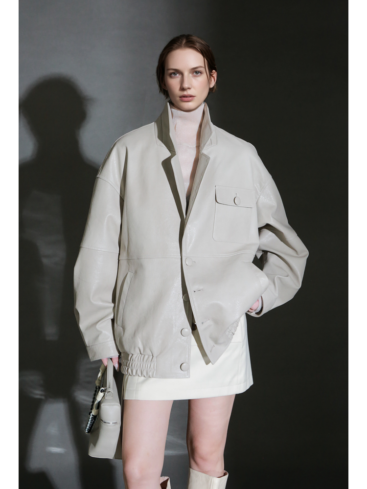 Women’s Vintage Waxed Sheepskin Leather Jacket – Distressed Blazer Collar Trendy Moto Outerwear