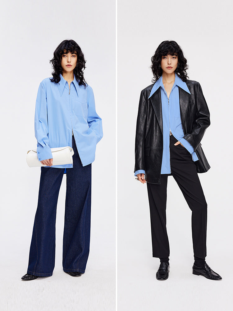 Double Zipper Sharp-Collar Shirt | High-Density Slim Fit Paper-Feel Commuter Blouse for Women