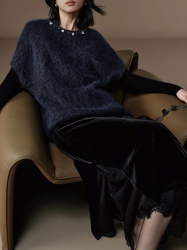 French Romantic Style Stretch Waist Lace-Trim Draped Velvet Long Skirt