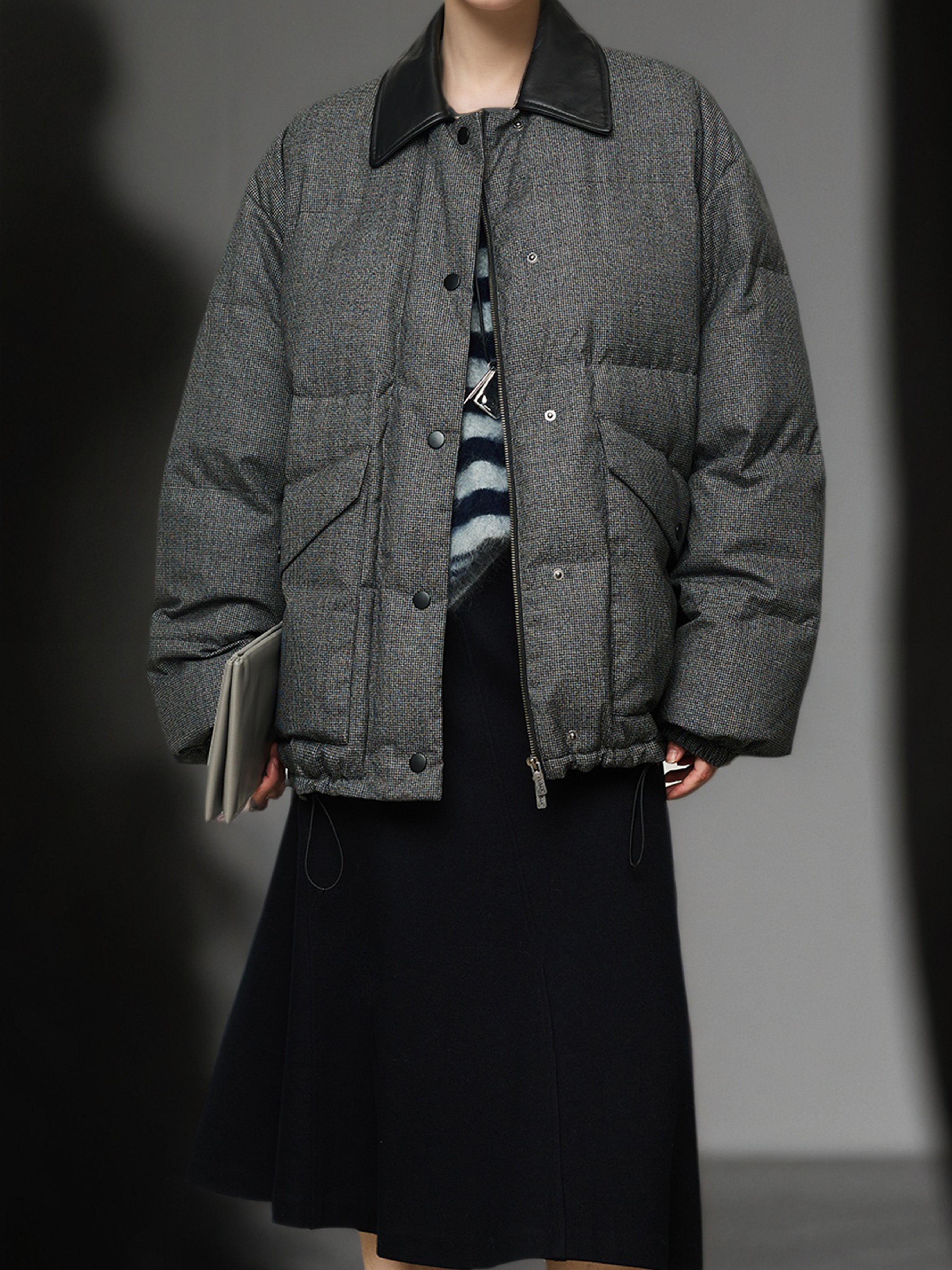 95% White Goose Down Lightweight Puffer Jacket for Women with Leather-Trim Collar and Relaxed MIU-Inspired Design