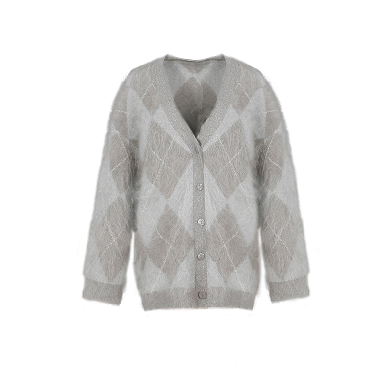 Heavyweight Brushed Knit Vintage Diamond-Pattern Cardigan for Women