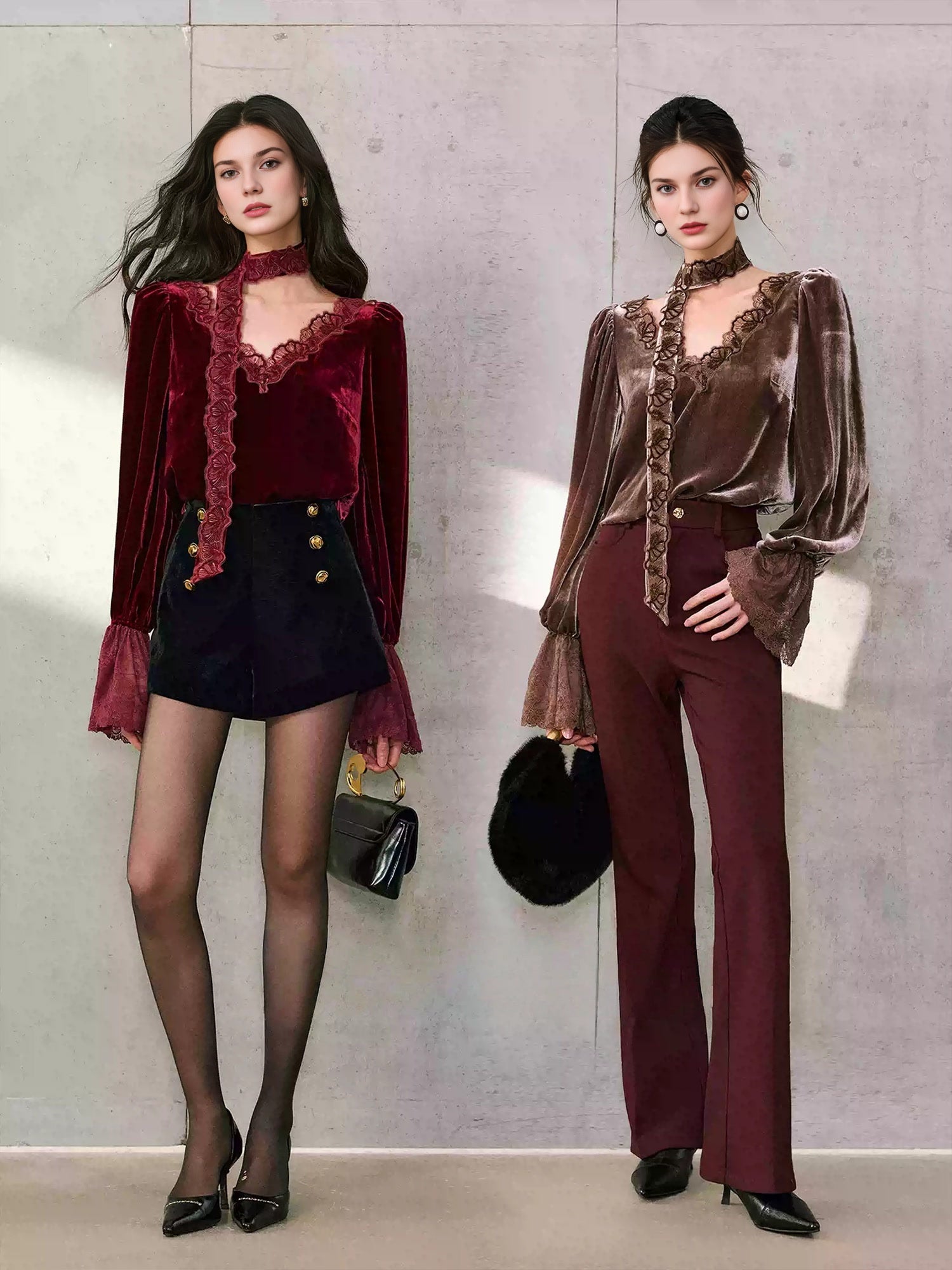 Soft Glow Silk Velvet Top – Eyelash Lace Trim, Tie-Neck Detail, Loose Fit Bell Sleeves