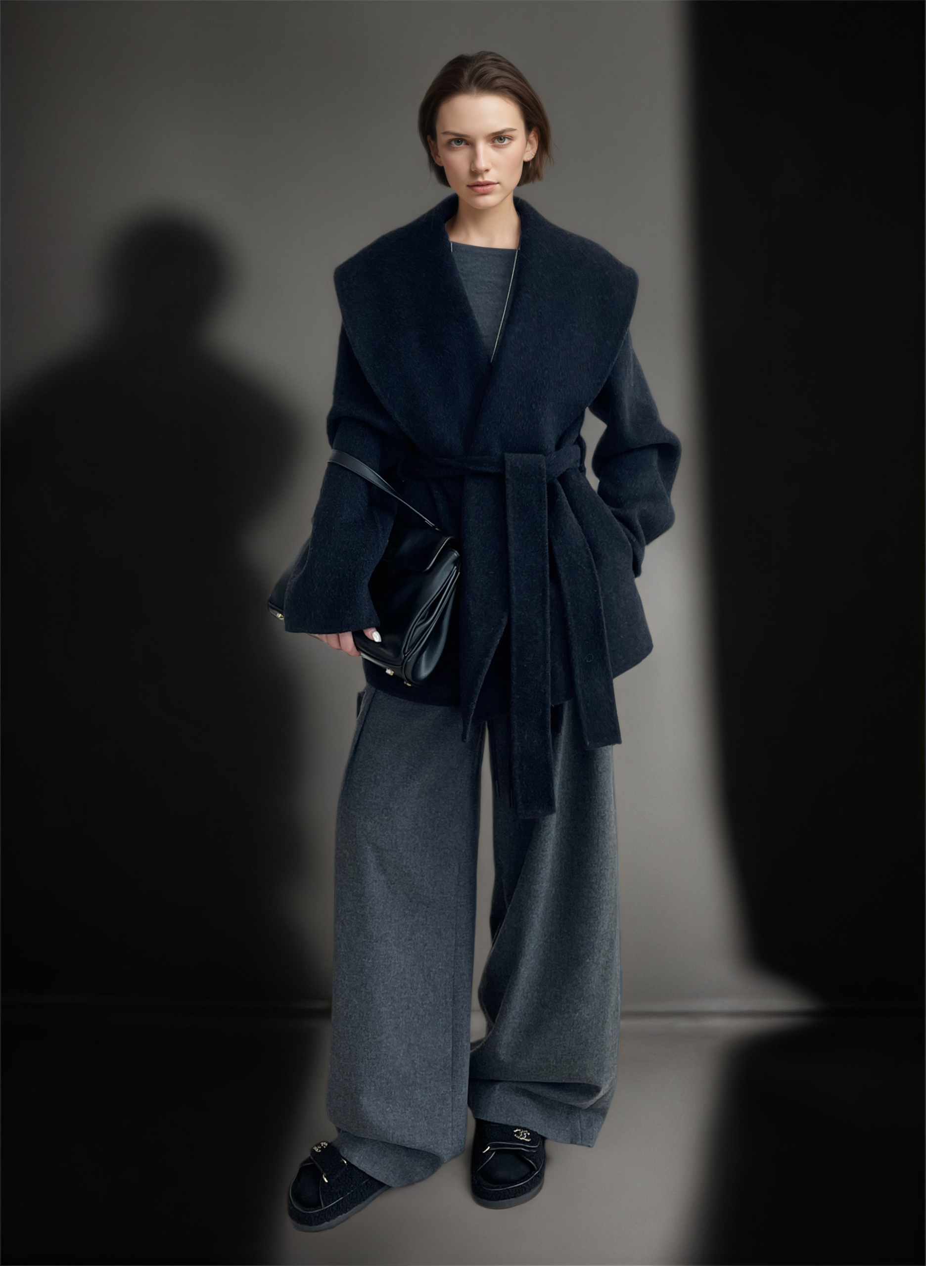 Wool Lyocell Wrap Coat for Women | Double-Faced Wool Overcoat with Lapel Collar, Relaxed Fit Winter Style