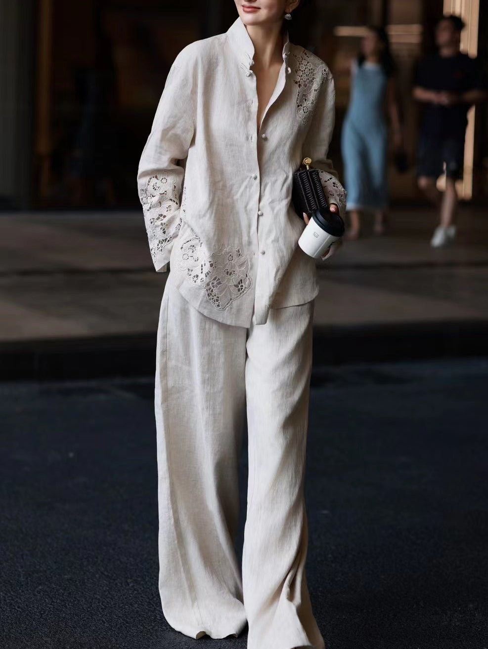 Premium Autumn Linen Set – Artisanal Hollow-Out Blouse & Wide-Leg Pants