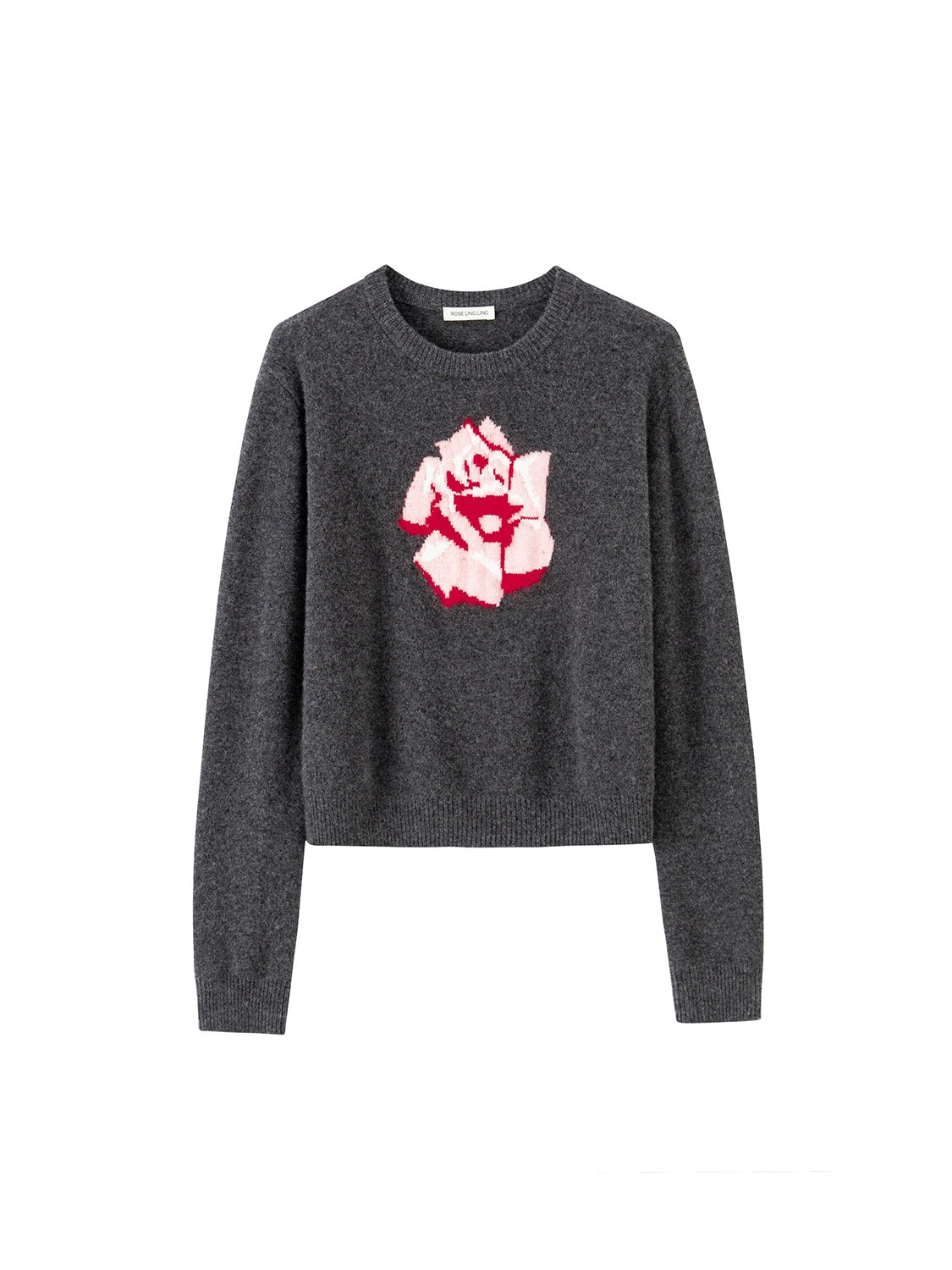 Soft Wool Rose Jacquard Sweater – Semi-Worsted Round Neck Pullover for Women