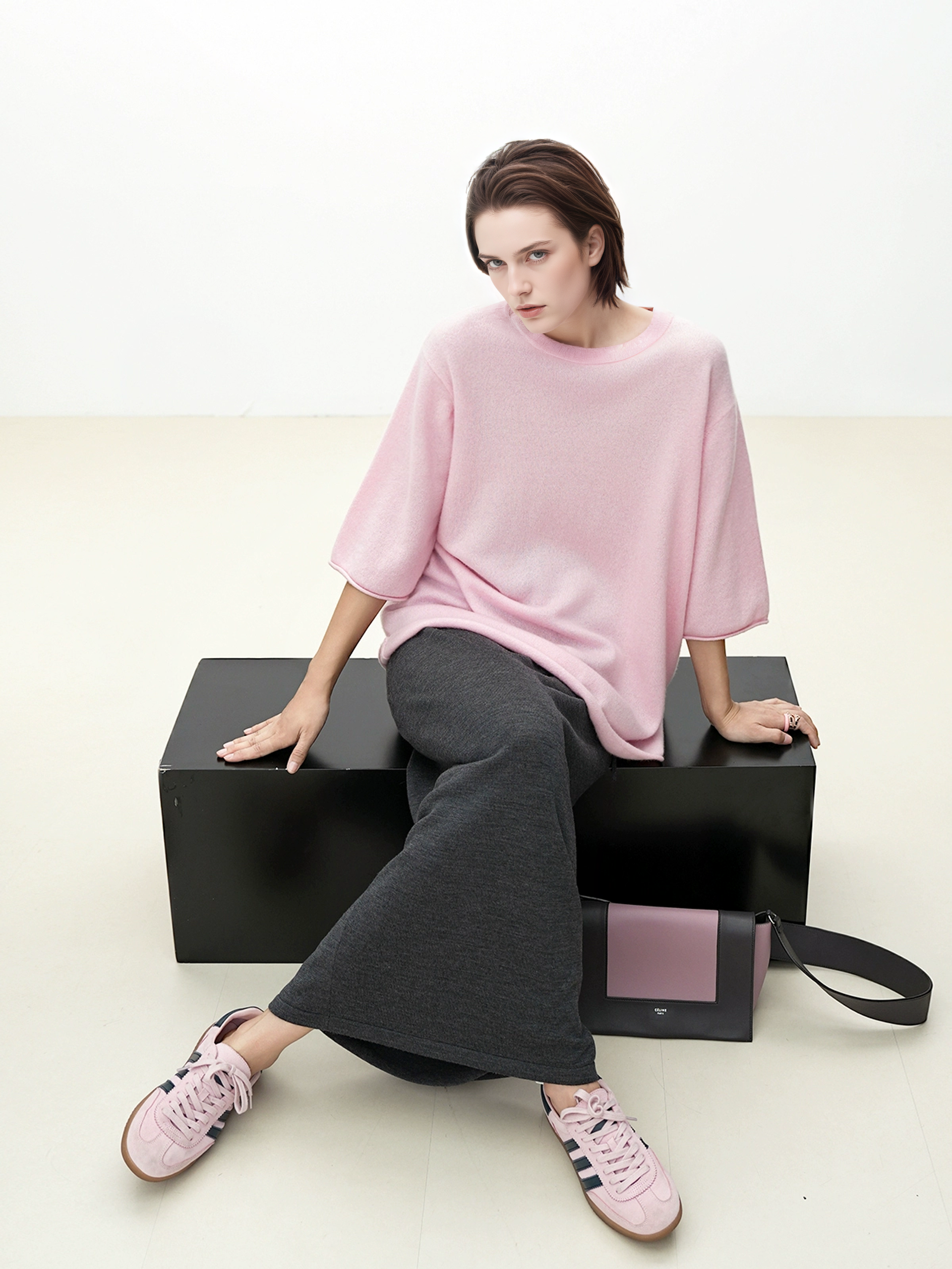 Women’s Cashmere Knit T-Shirt Sweater | Relaxed 3/4 Sleeve Crewneck Top Made with 26-Count Fine Cashmere Yarn