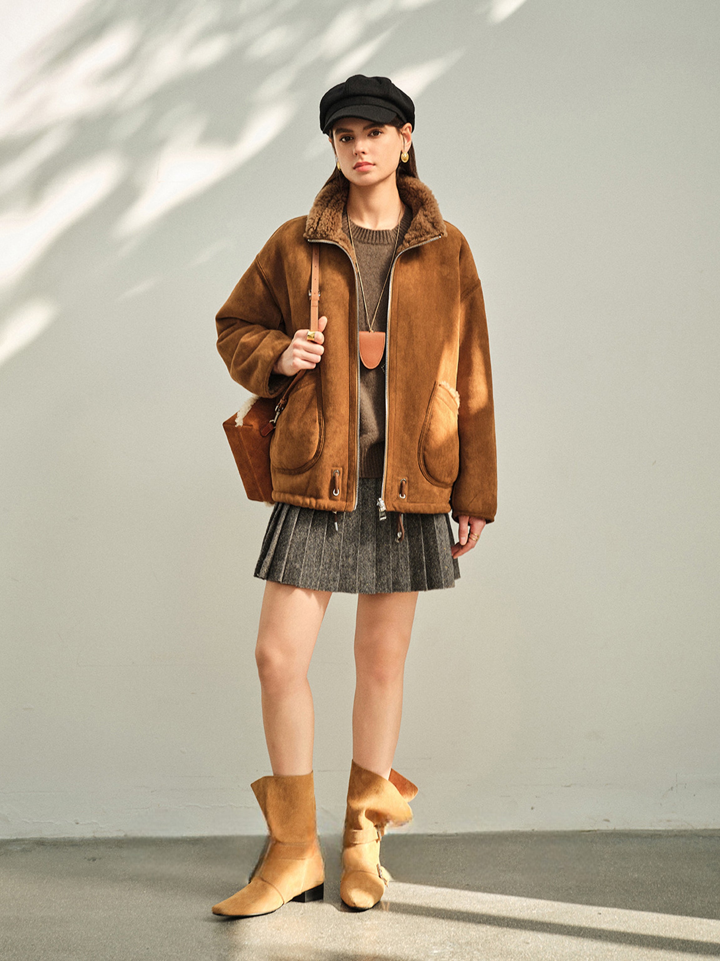 100% Wool-Lined Vintage Brown Faux Suede Jacket – Thick Reversible Shearling-Style Coat for Women