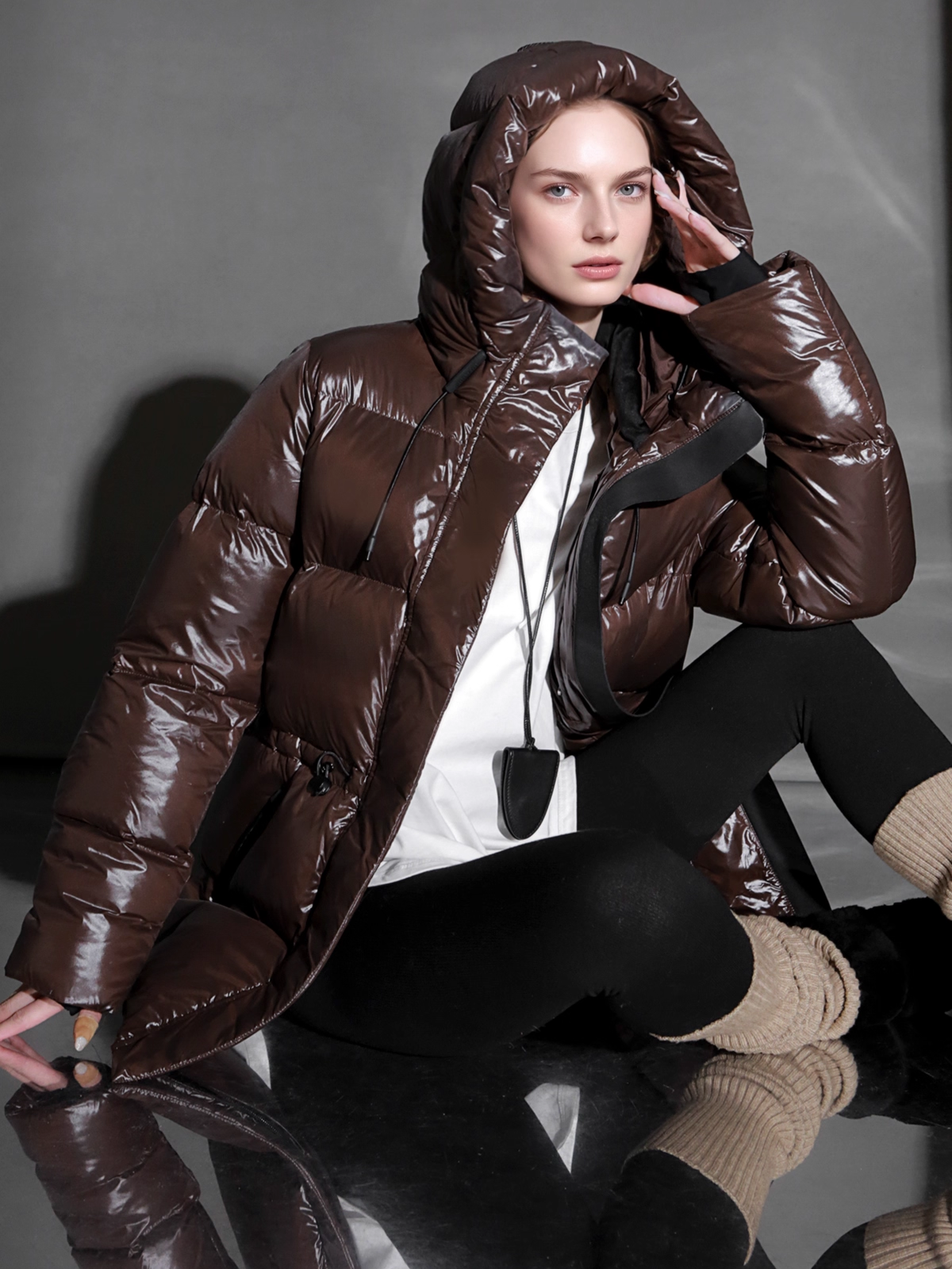 Glossy Hooded Down Jacket for Women | Water-Repellent Windproof Insulated Short Puffer Coat