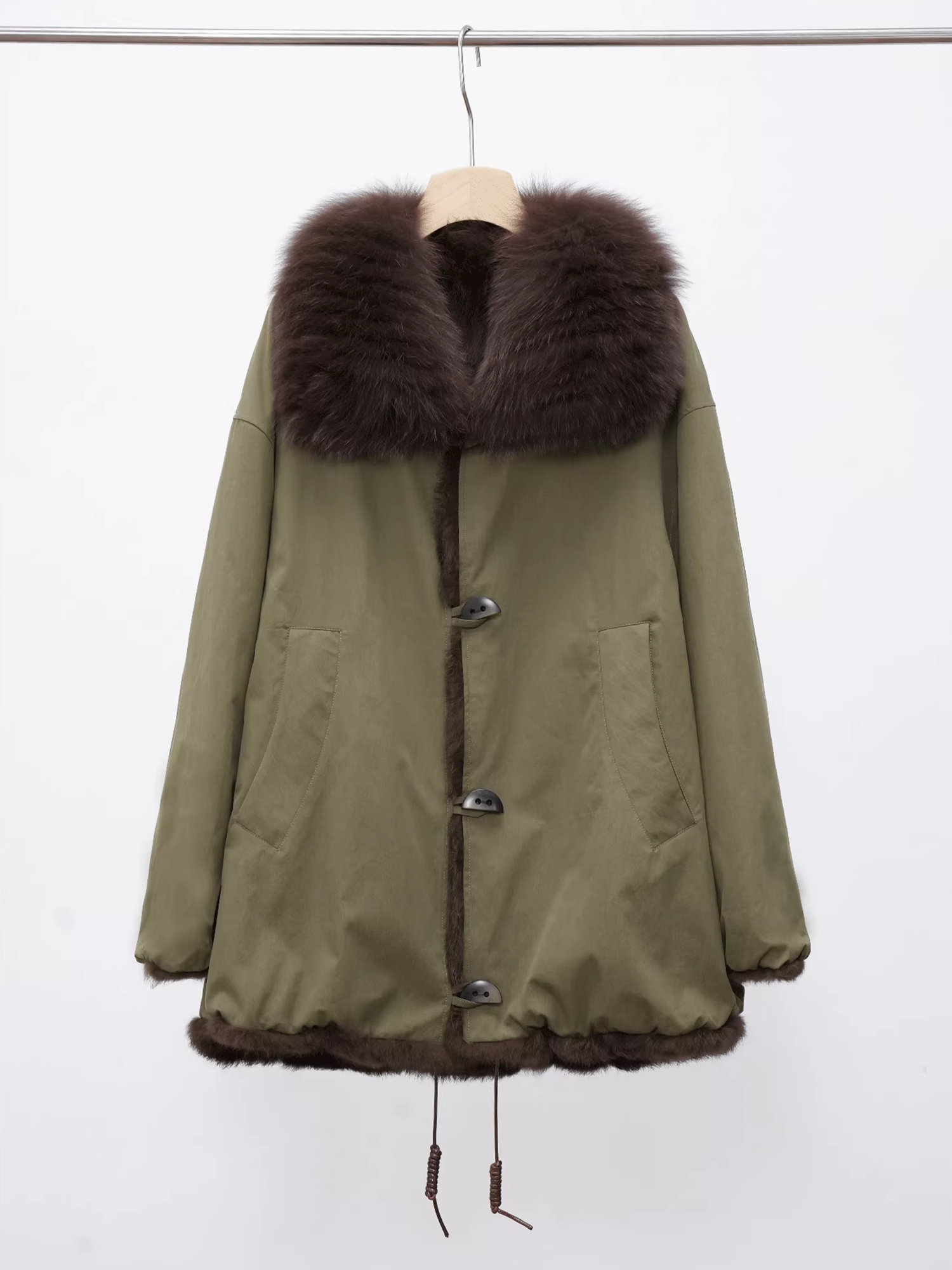 Women’s Mid-Length Parka Coat with  Fox Fur Hood and Faux Rabbit Fur Lining | Winter Jacket