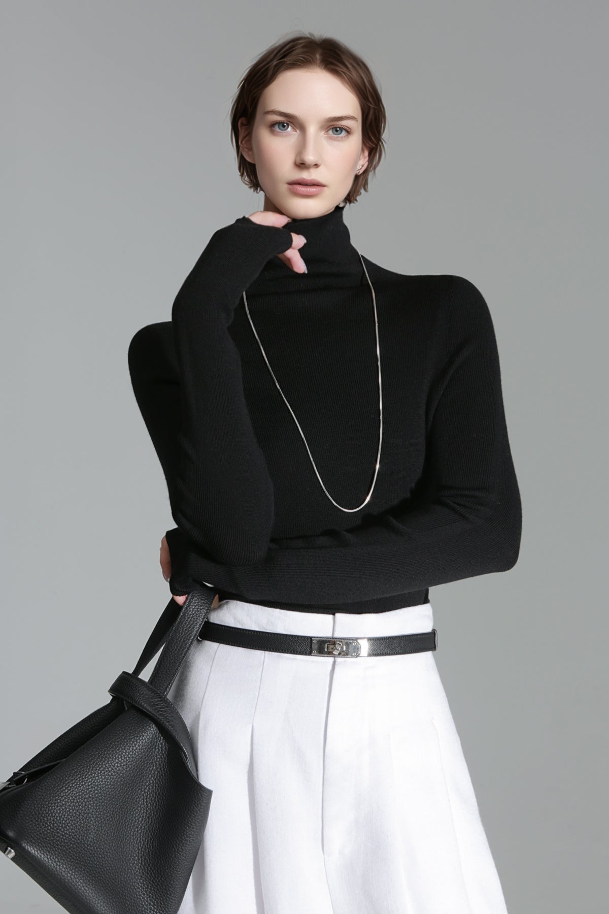 Merino Wool Minimalist Mock Neck Ribbed Knit Top – Cross-Strap Seamless Solid Color Sweater