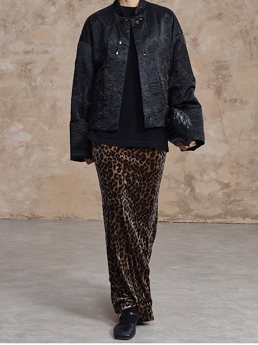 Leopard Velvet Midi Skirt for Women — Slim-Fit High-Waist Fishtail Skirt, Soft & Elegant Fall/Winter Style