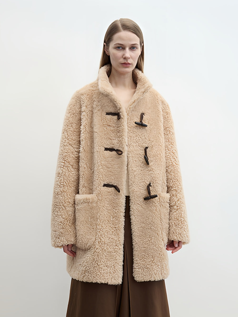 Ragoon-Style Curly Shearling Wool Coat for Women – Mid-Length Faux Shearling Jacket with Toggle Closure and Stand CollarRagoon-Style Curly Shearling Wool Coat for Women – Mid-Length Faux Shearling Jacket with Toggle Closure and Stand Collar