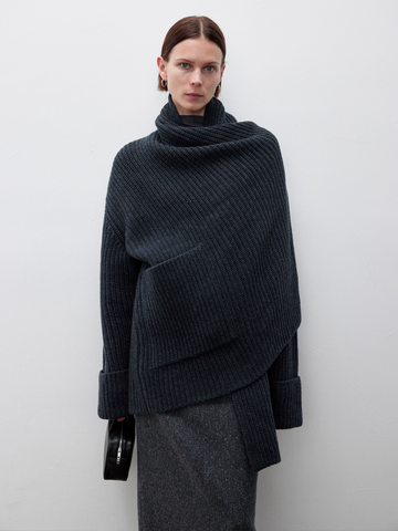 Soft Thick Cashmere Wool Cardigan for Women — Nordic Retro Chunky Knit with Scarf Collar