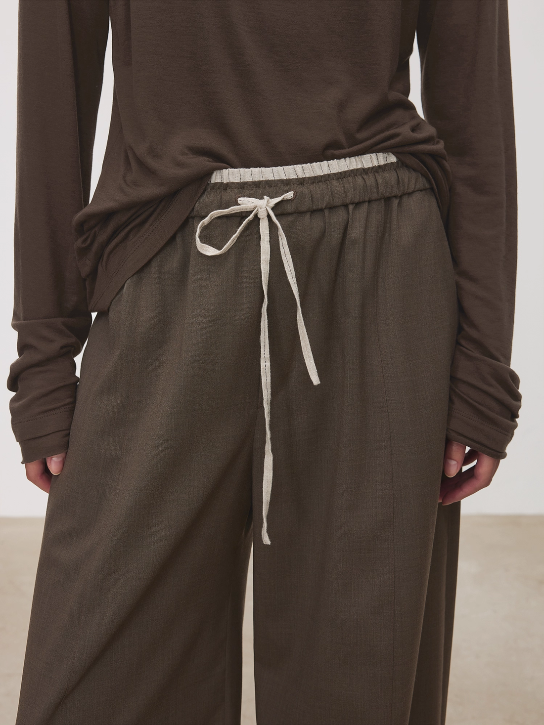 Women's Striped Balloon Pants – Italian Machine-Washable Wool & Linen Blend Elastic Waist Curved Hem Trousers