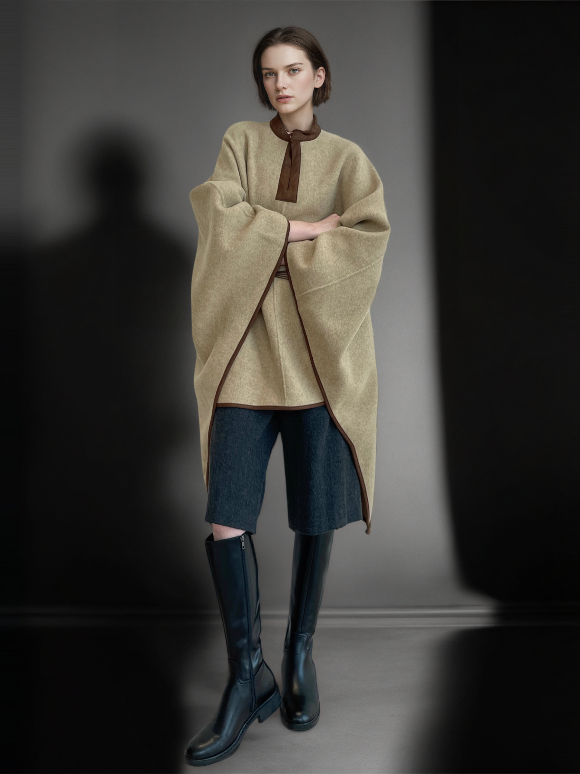 Women’s Minimalist Shearling Patchwork Cape Coat | Premium Merino Wool & Suede Blend Outerwear