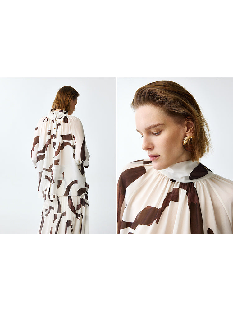 Luxury Aesthetic 6A 10MM Silk Geometric Chiffon Print Shirt – Resort & Office Wear