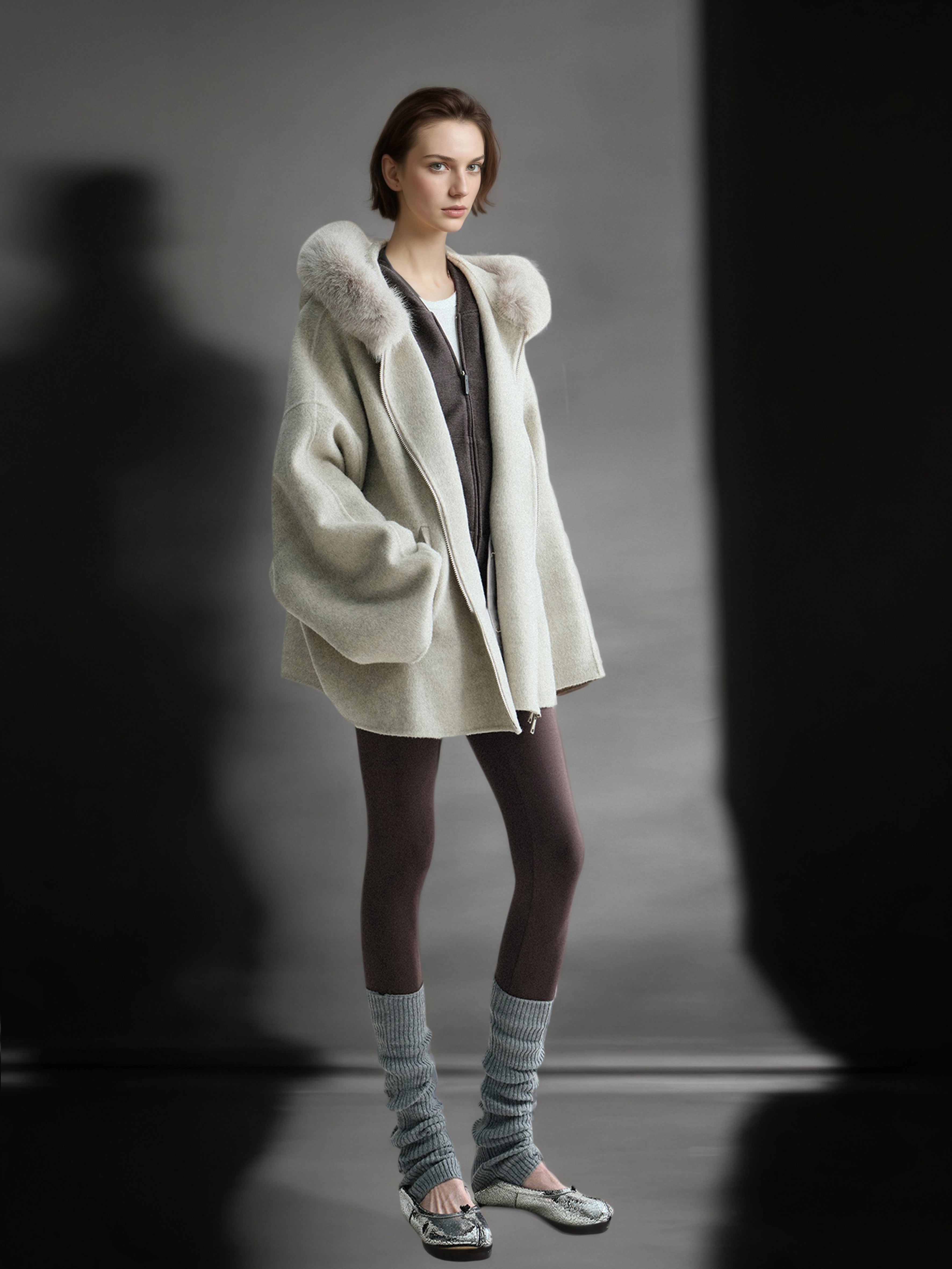 Wool Camel Hair Silk Detachable Fur Hood Cape - Women's Double-Faced Wool Coat