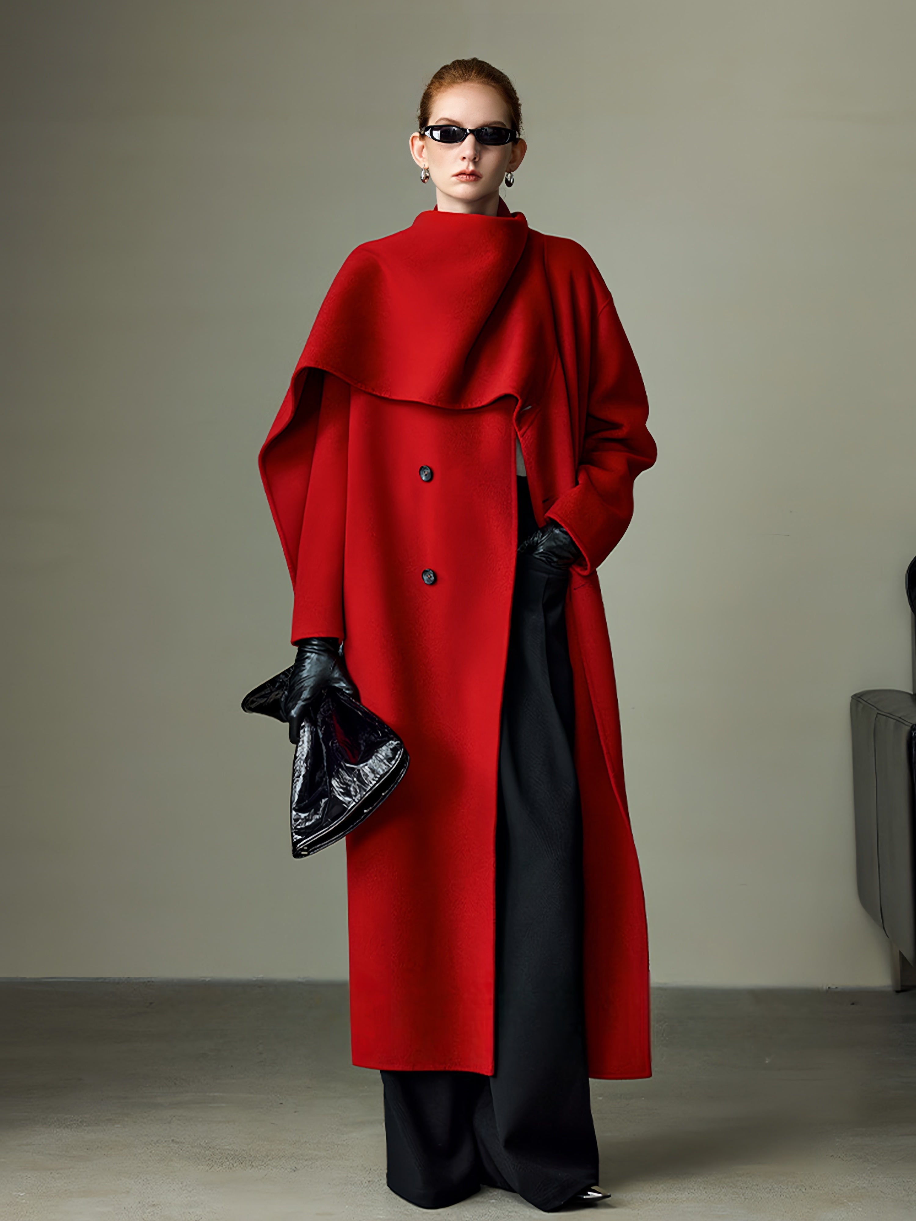 Cape-Style Christmas Red Double-Faced Wool Coat for Women – Elegant Long Scarf-Collar Woolen Overcoat