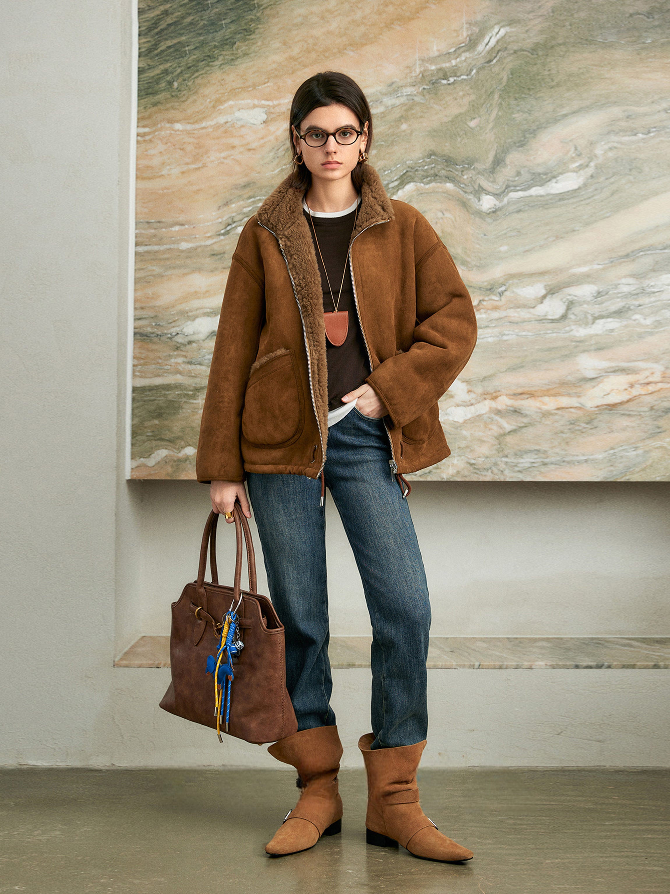 100% Wool-Lined Vintage Brown Faux Suede Jacket – Thick Reversible Shearling-Style Coat for Women