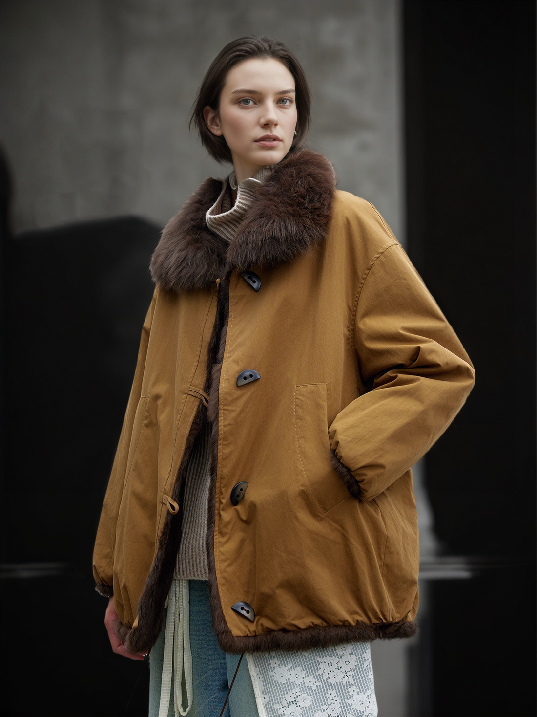 Women’s Mid-Length Parka Coat with  Fox Fur Hood and Faux Rabbit Fur Lining | Winter Jacket