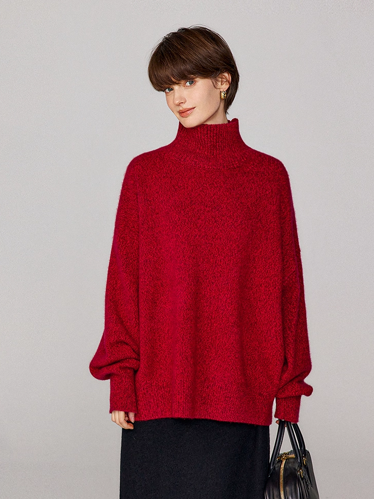 Soft New Year Red 100% Cashmere Sweater for Women – A-Grade Dyed Mélange Yarn, Thickened Turtleneck, Cozy Oversized Knit