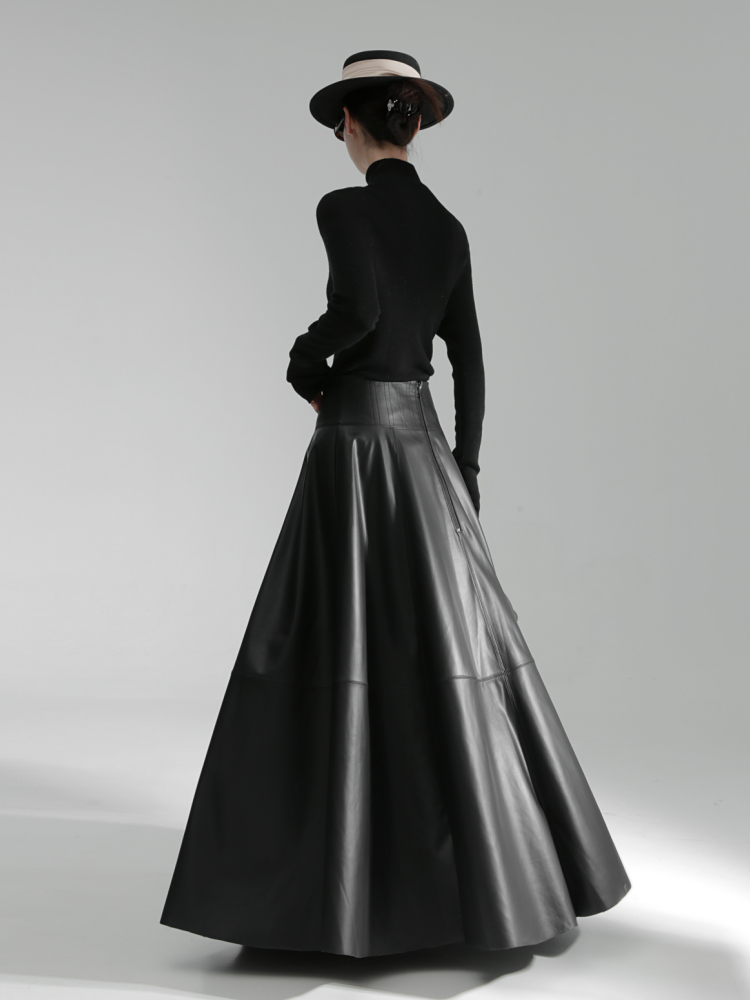 Luxury Black Genuine Sheepskin Midi Skirt – High Waist A-Line Leather Flared Skirt for Women