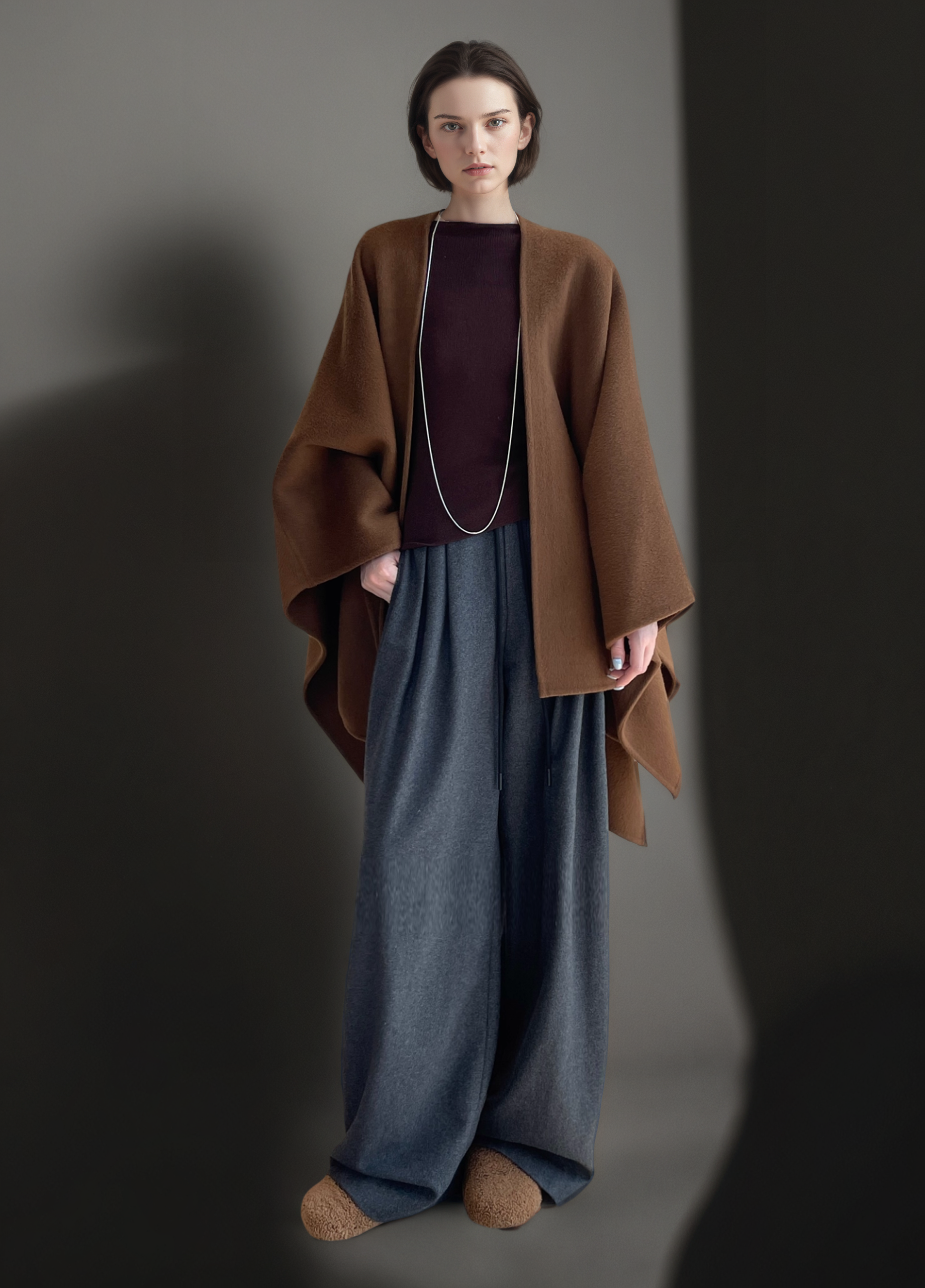 Women’s 80% Wool 20% Tencel Shawl Cape | Elegant Old Money Style Wrap in Classic Tan Brown